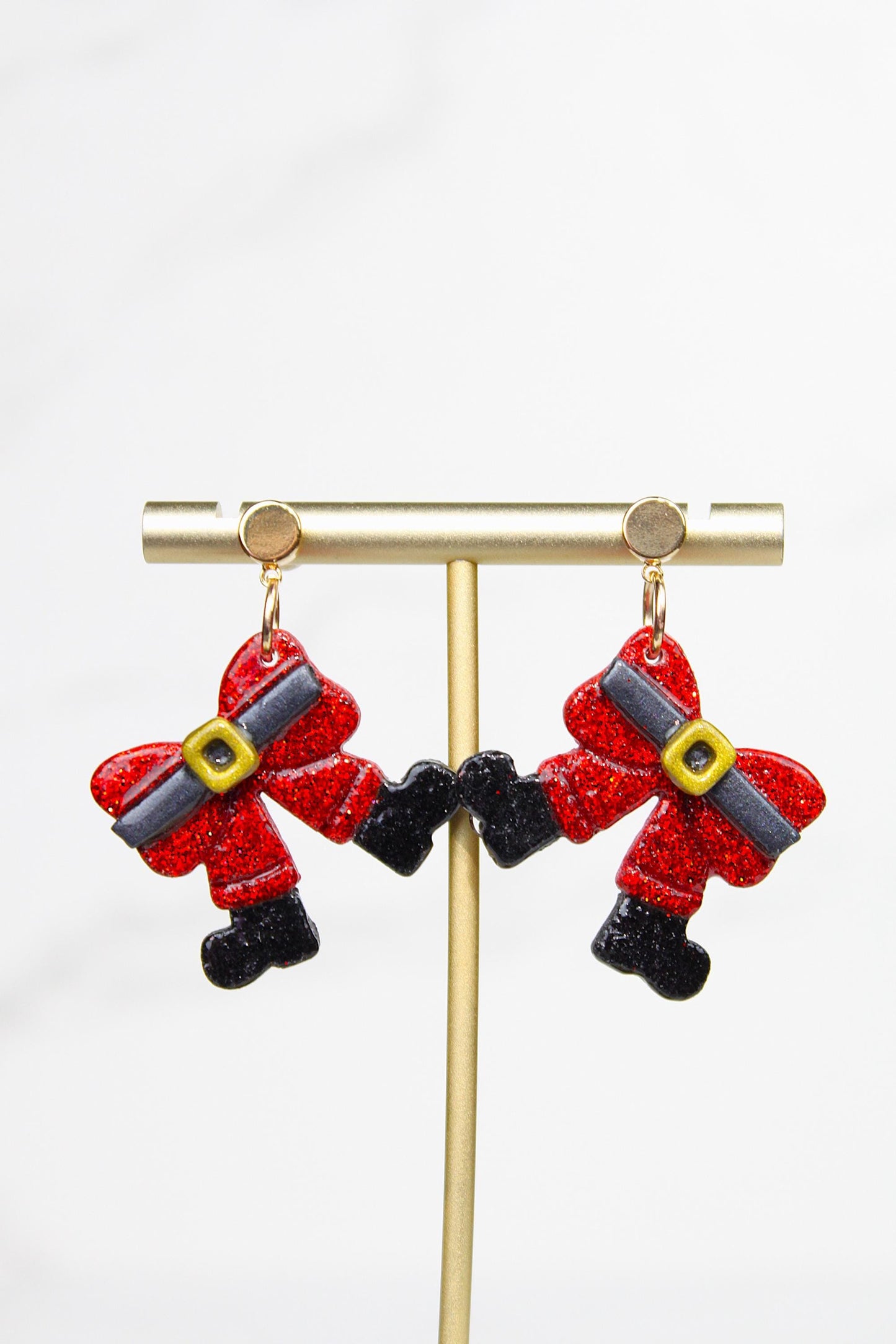 Polymer Clay Santa Bow Earrings - Red Glitter Christmas Bow Dangle Earrings