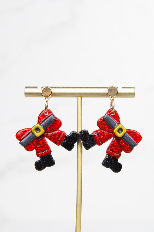 Polymer Clay Santa Bow Earrings - Red Glitter Christmas Bow Dangle Earrings