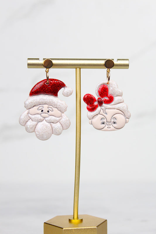 Polymer Clay Santa and Mrs Claus Earrings - Christmas Dangle Earrings