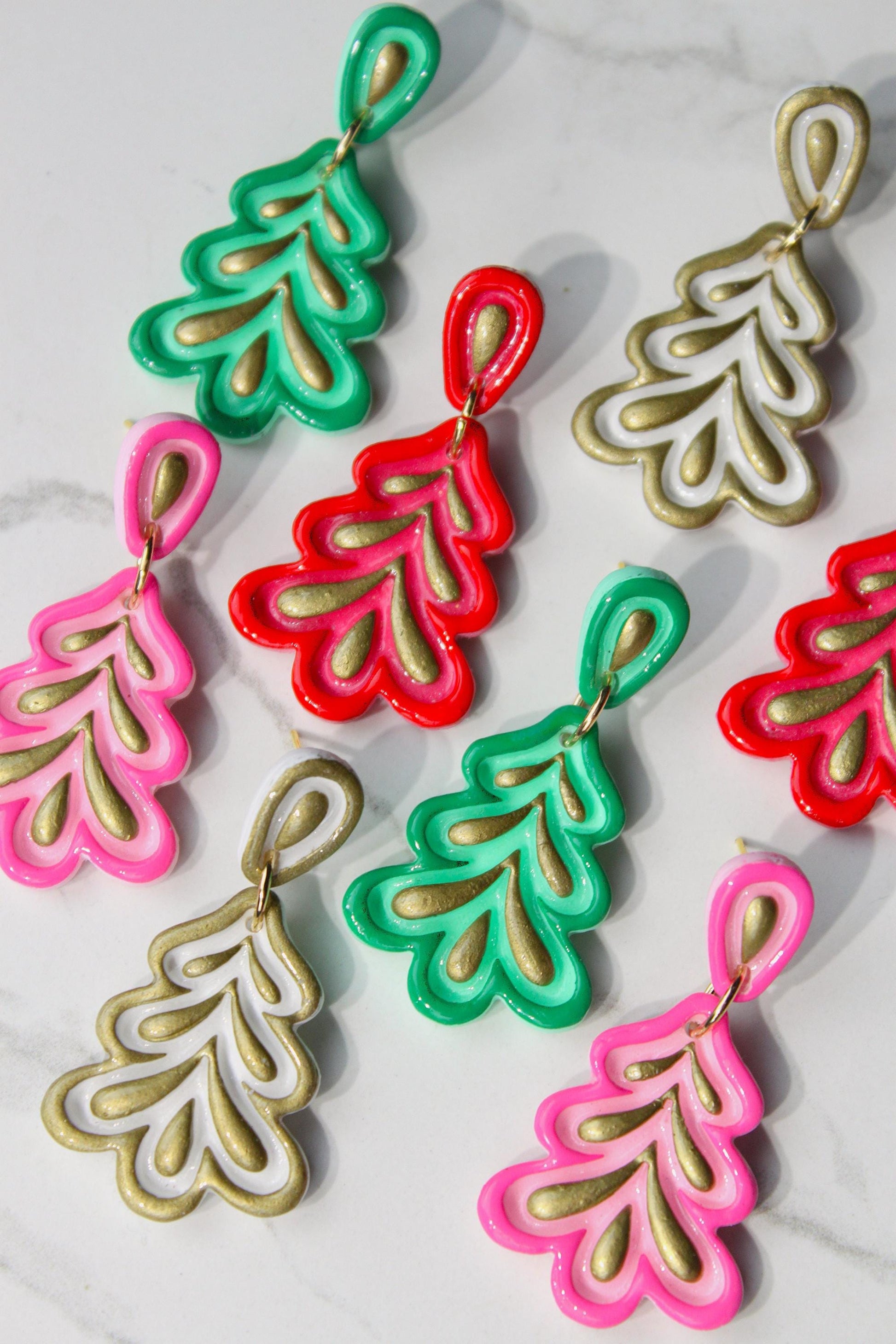 Polymer Clay Christmas Tree Earrings - Colorful Holiday Dangle Earrings