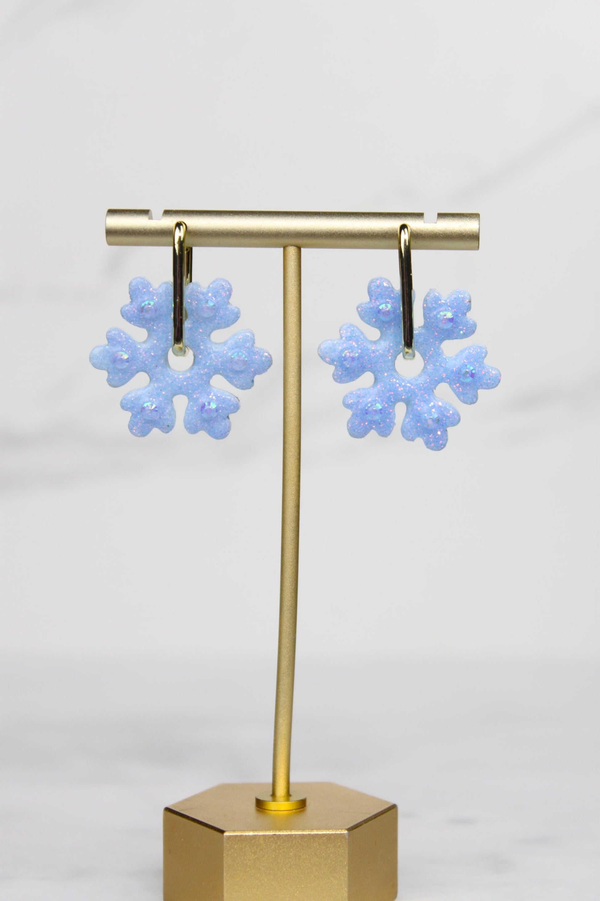 Polymer Clay Glitter Snowflake Earrings - Winter Huggie Hoop Dangles