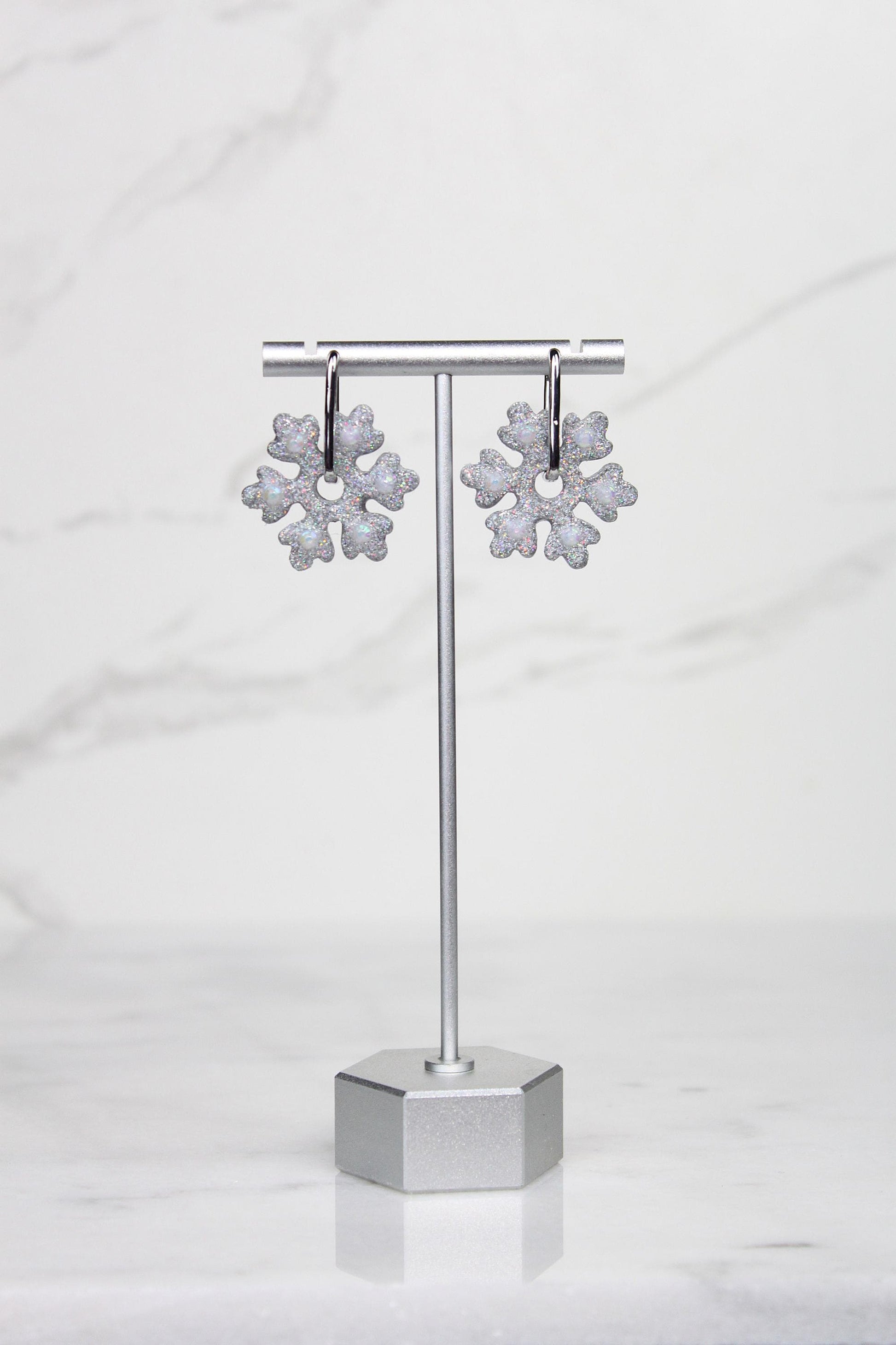 Polymer Clay Glitter Snowflake Earrings - Winter Huggie Hoop Dangles