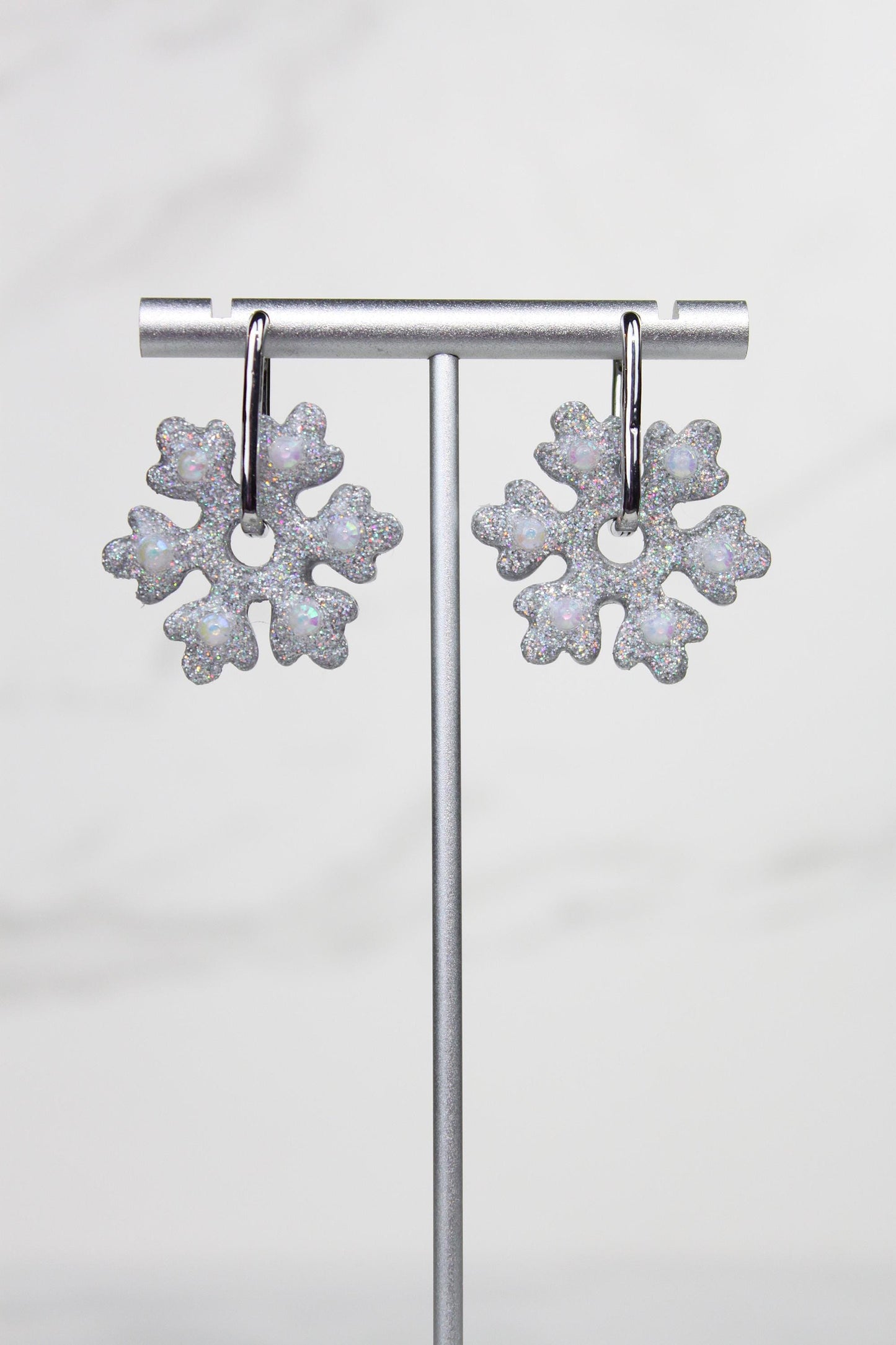 Polymer Clay Glitter Snowflake Earrings - Winter Huggie Hoop Dangles