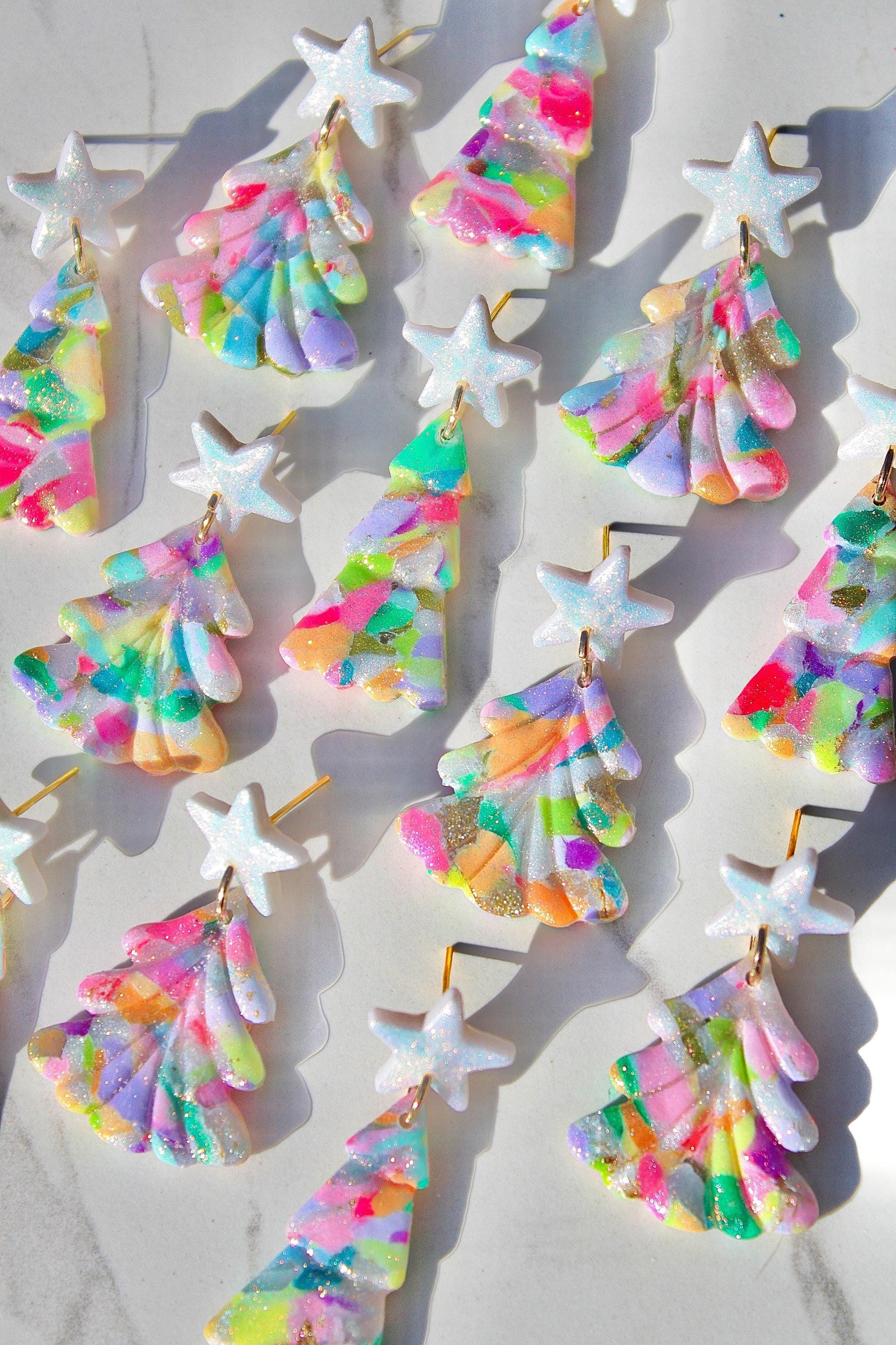 Polymer Clay Multicolor Christmas Tree Earrings - Colorful Dangle Earrings