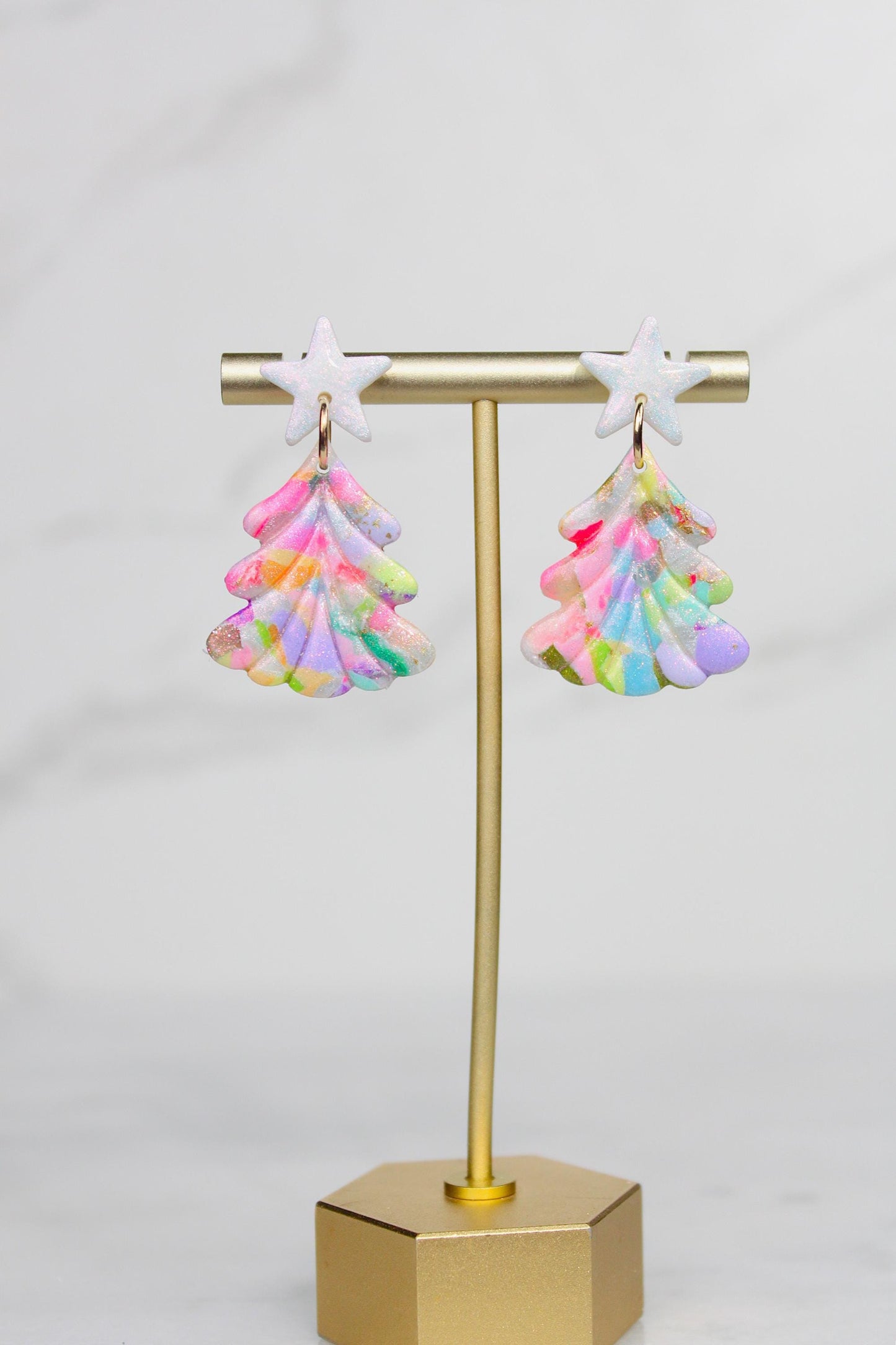Polymer Clay Multicolor Christmas Tree Earrings - Colorful Dangle Earrings