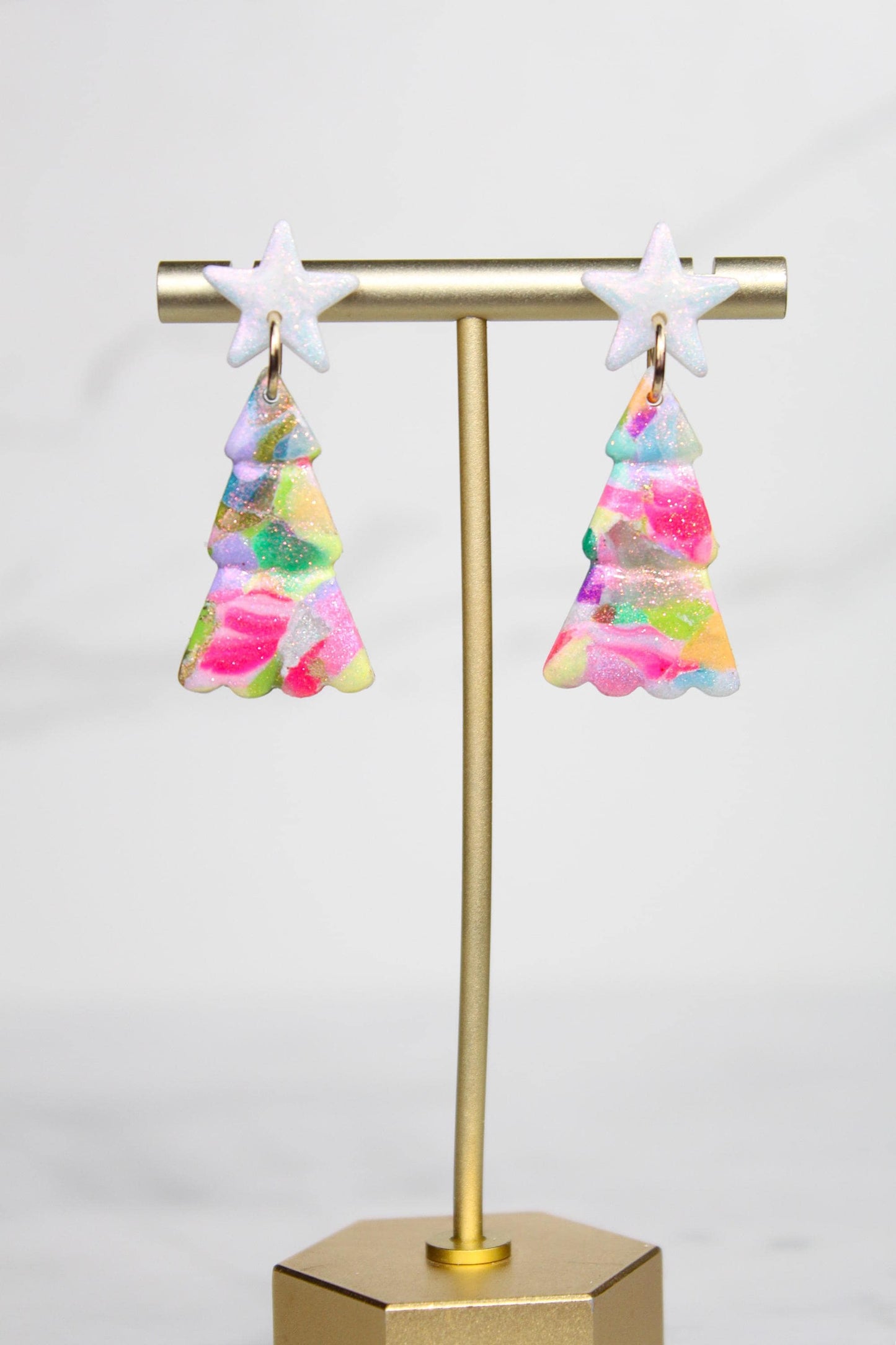 Polymer Clay Multicolor Christmas Tree Earrings - Colorful Dangle Earrings