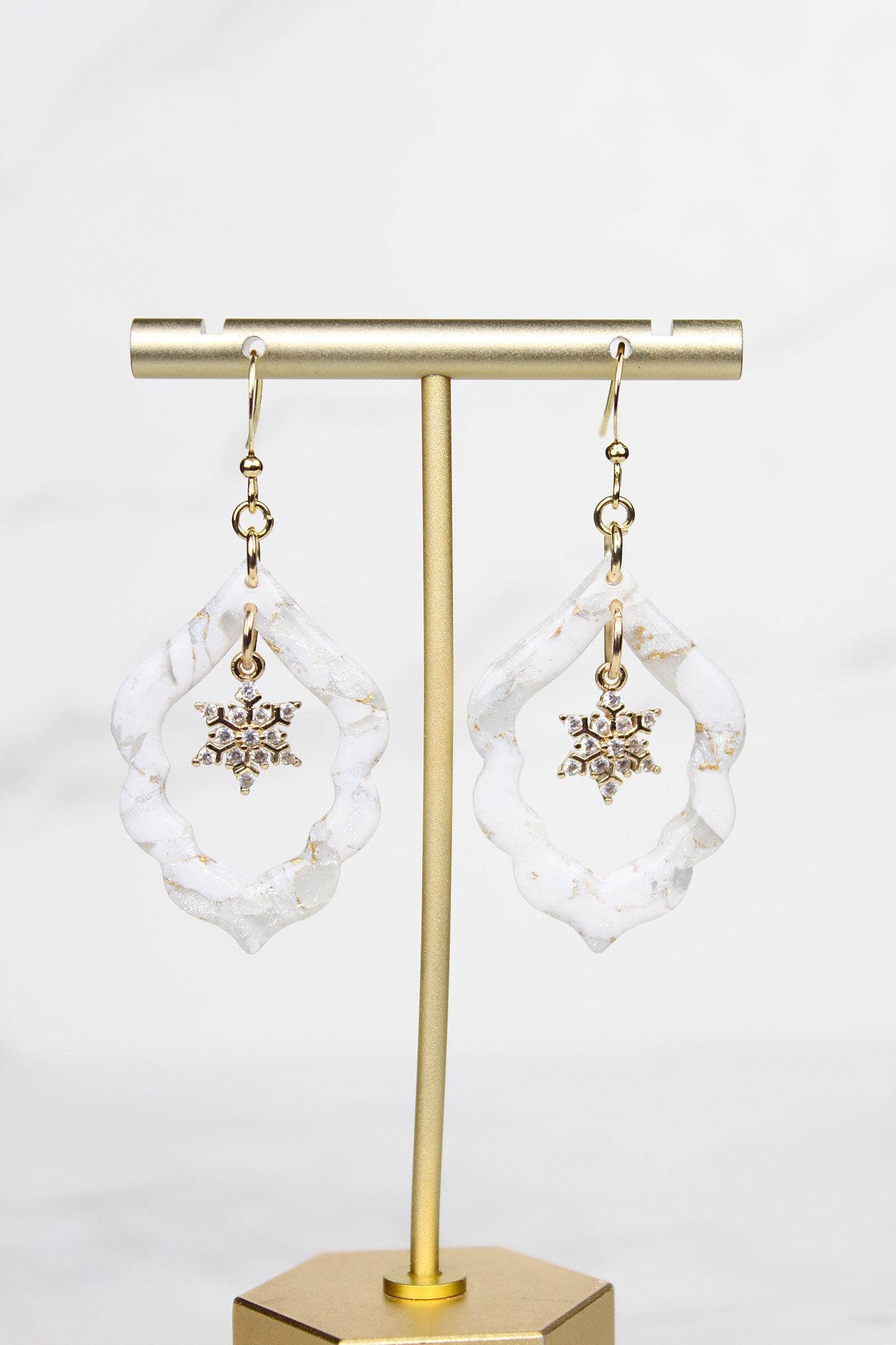 Polymer Clay Snowflake Earrings - Winter Rhinestone Dangle Earrings