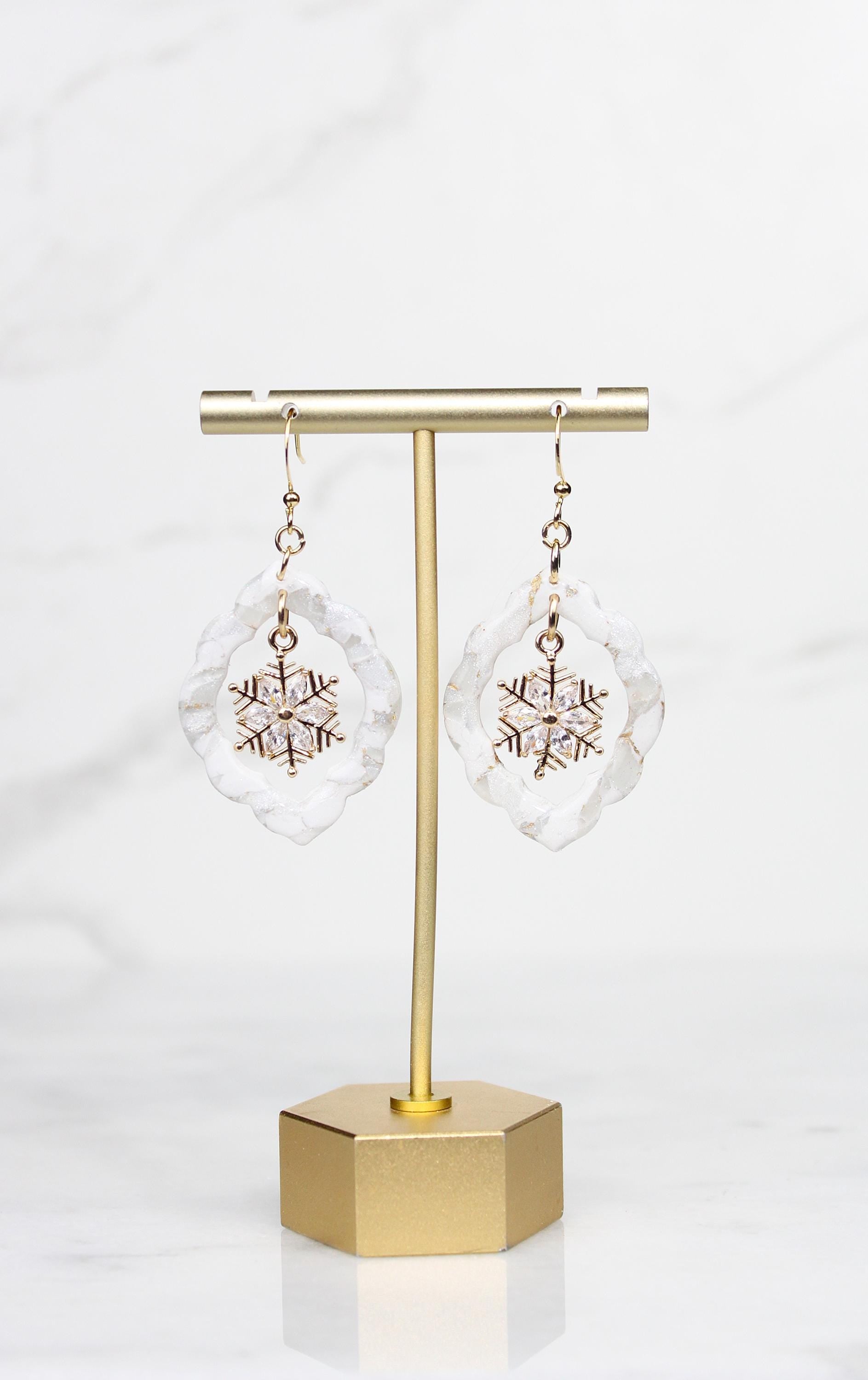 Polymer Clay Snowflake Earrings - Winter Rhinestone Dangle Earrings