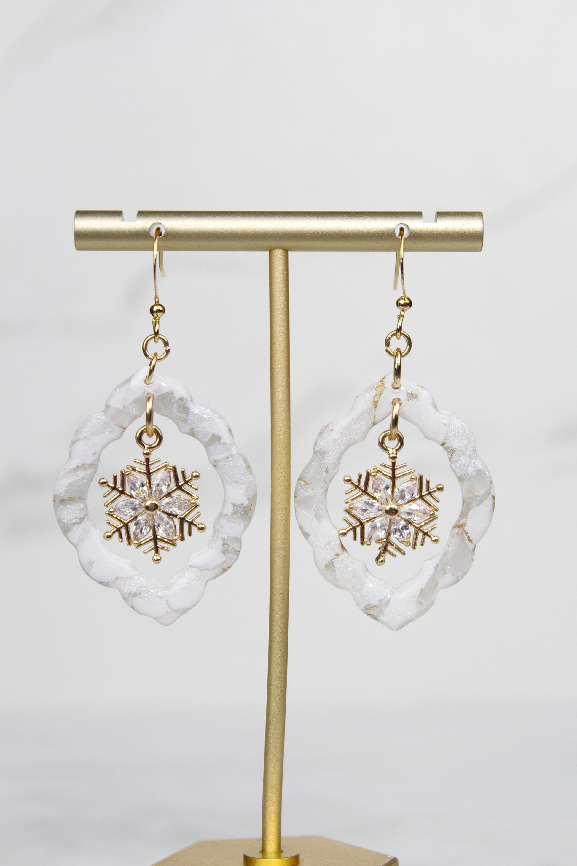 Polymer Clay Snowflake Earrings - Winter Rhinestone Dangle Earrings