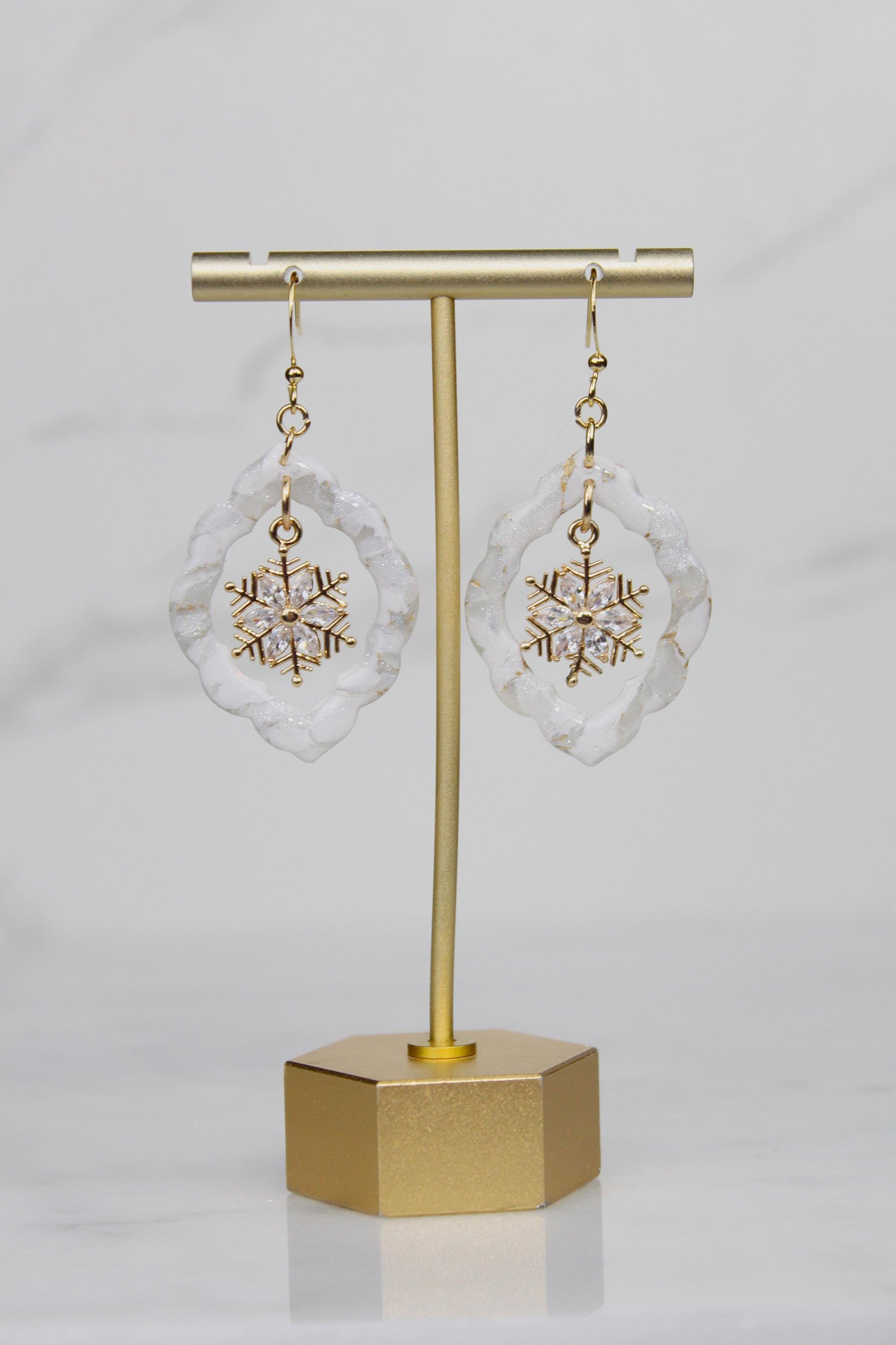 Polymer Clay Snowflake Earrings - Winter Rhinestone Dangle Earrings