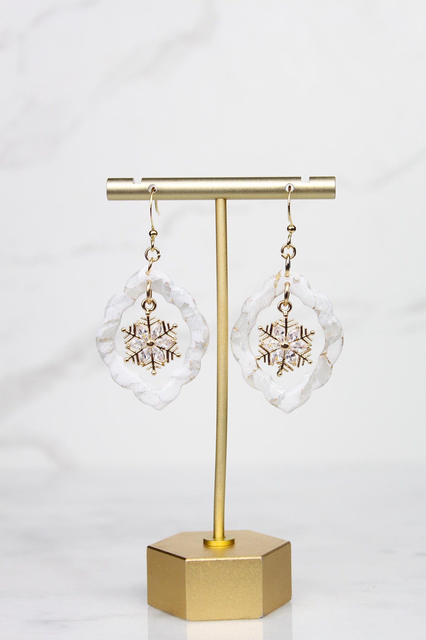 Polymer Clay Snowflake Earrings - Winter Rhinestone Dangle Earrings