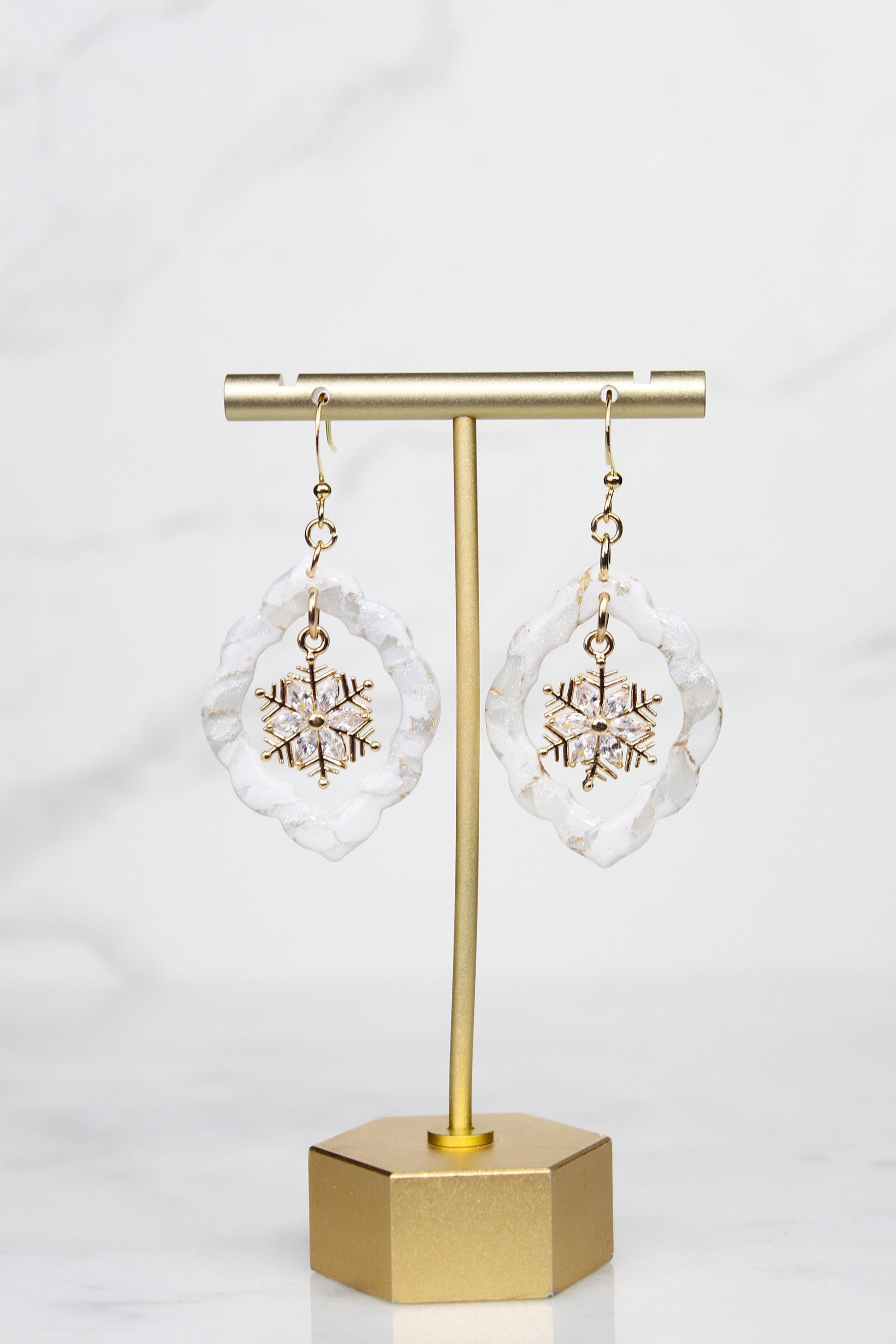 Polymer Clay Snowflake Earrings - Winter Rhinestone Dangle Earrings