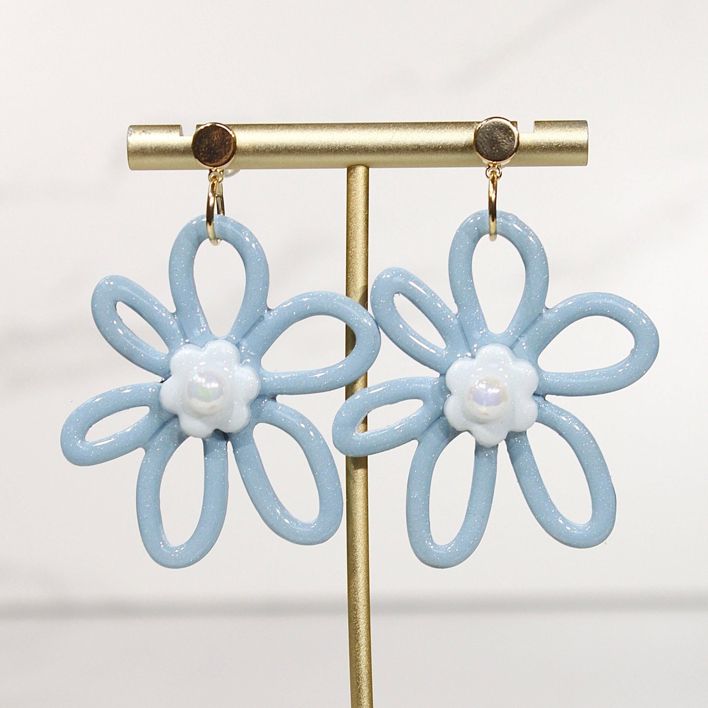 Whimsy Bloom Denim Flower Statement Earrings | Handmade Polymer Clay Earrings