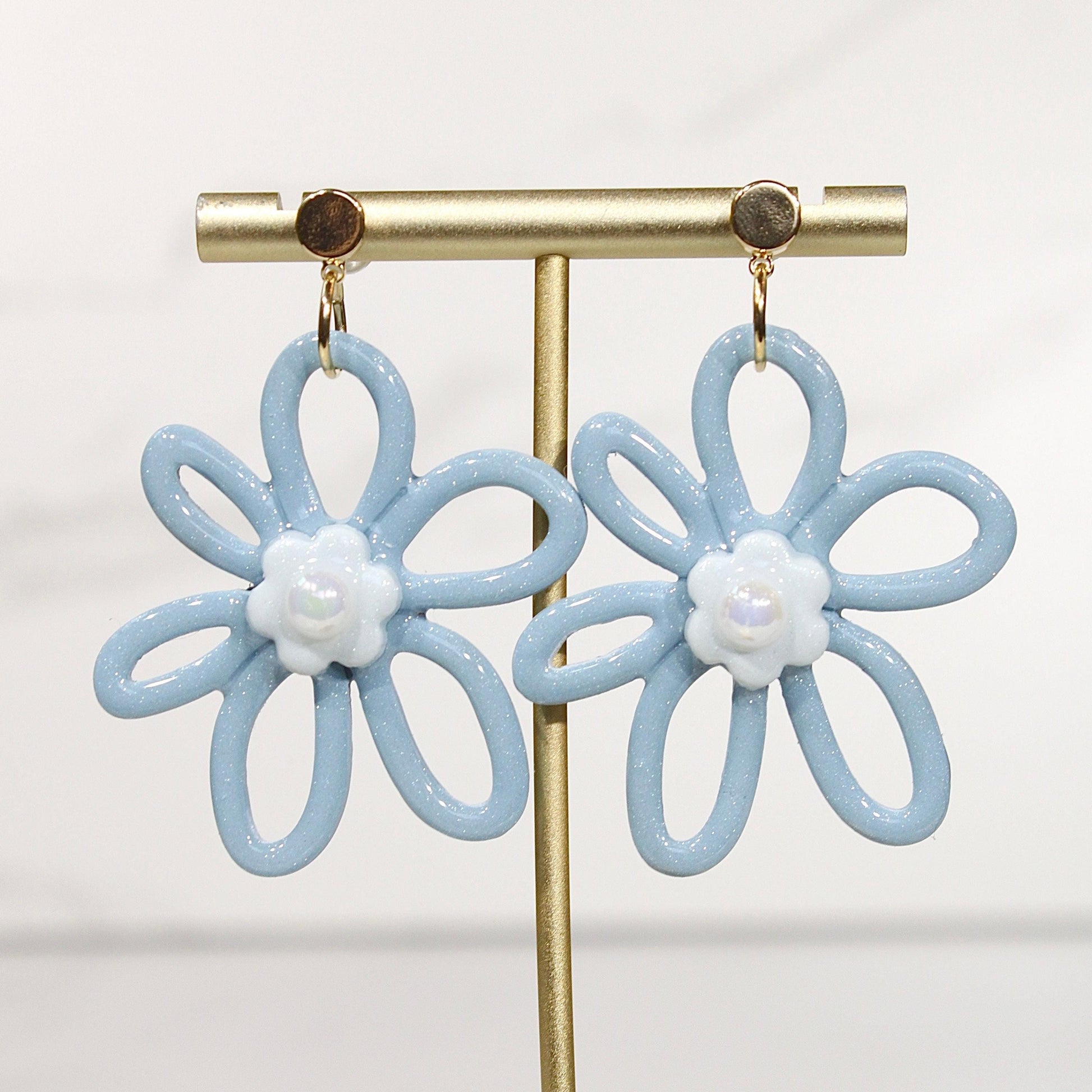 Whimsy Bloom Denim Flower Statement Earrings | Handmade Polymer Clay Earrings