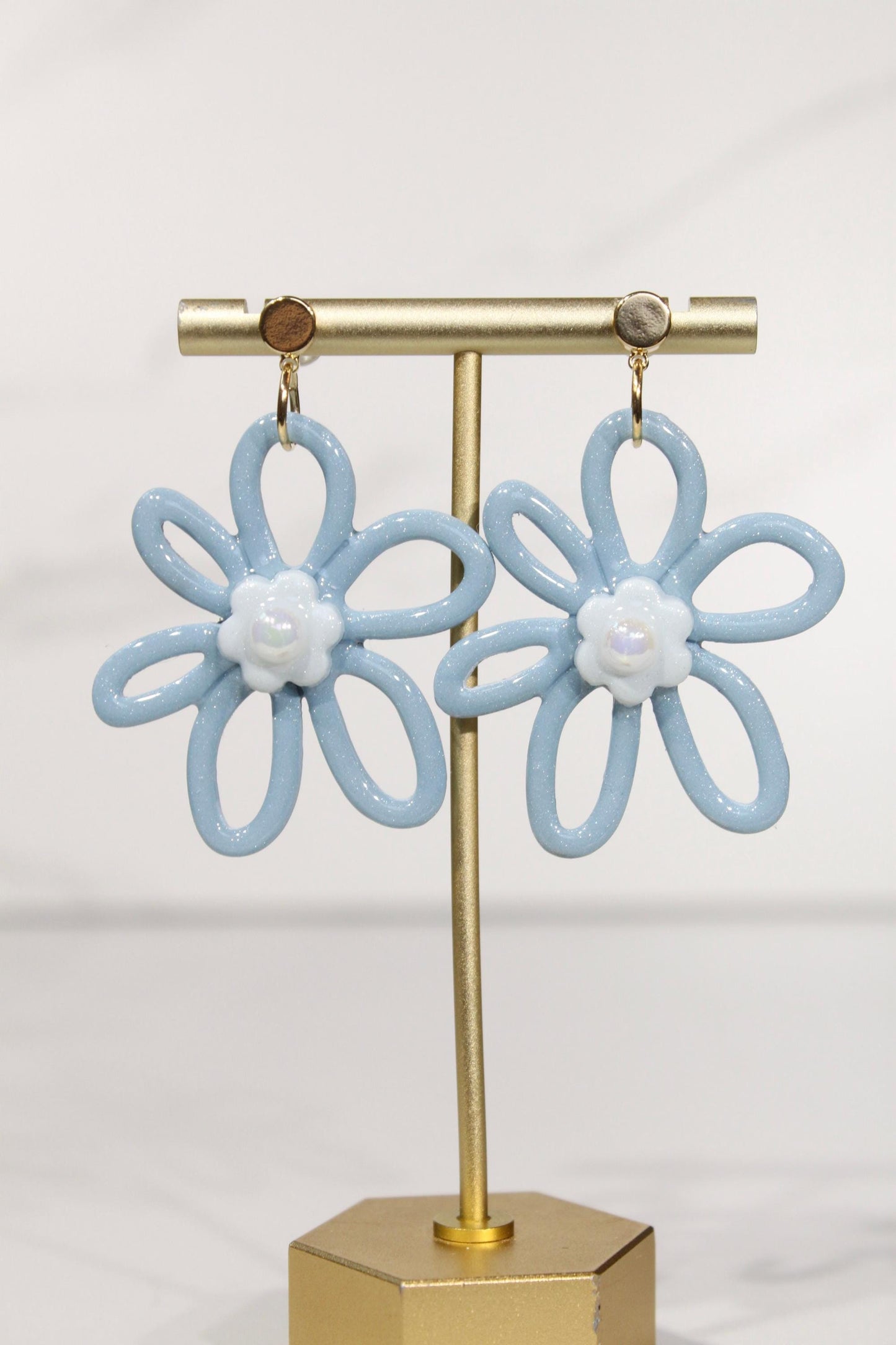 Whimsy Bloom Denim Flower Statement Earrings | Handmade Polymer Clay Earrings