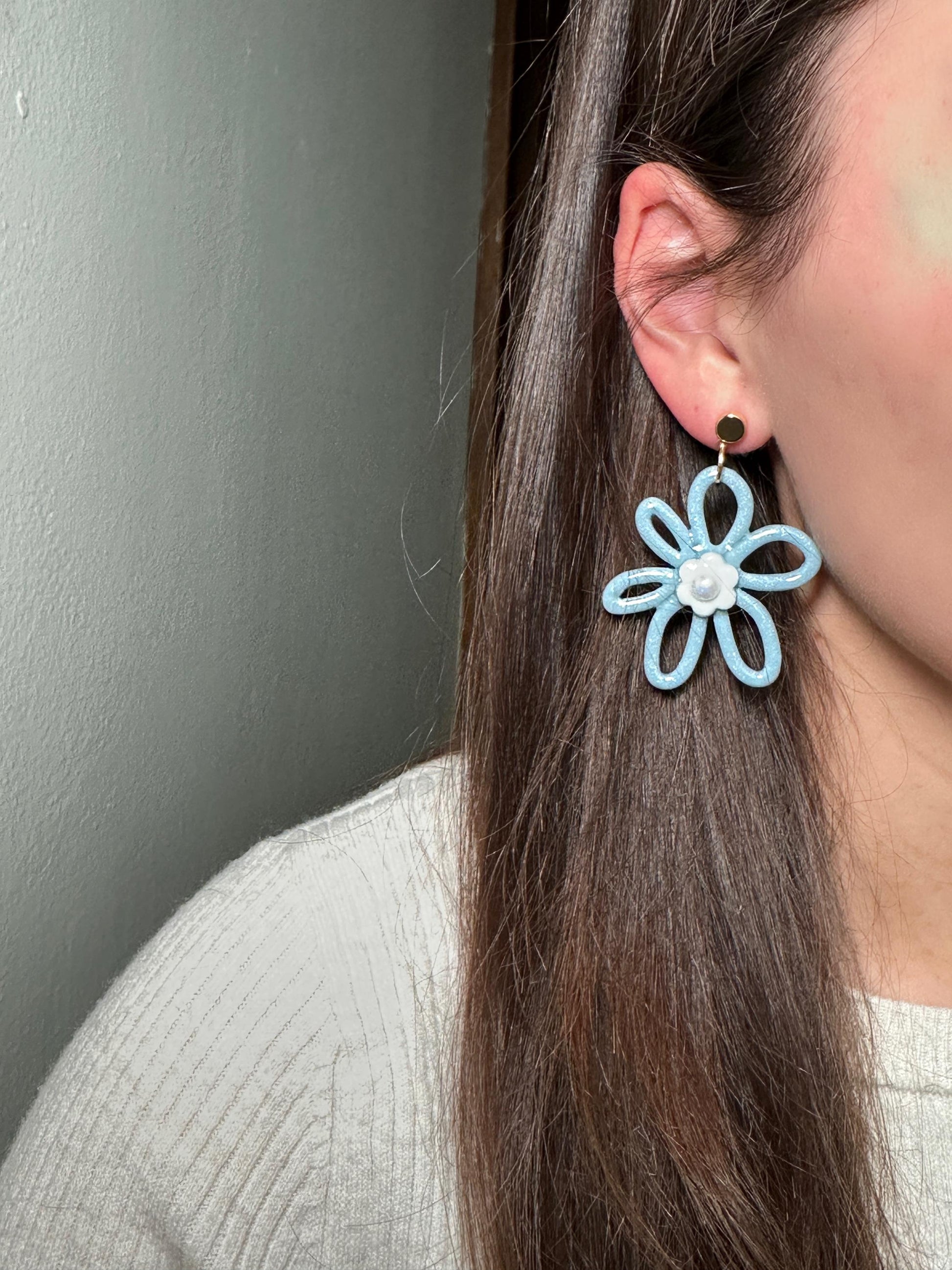 Whimsy Bloom Denim Flower Statement Earrings | Handmade Polymer Clay Earrings