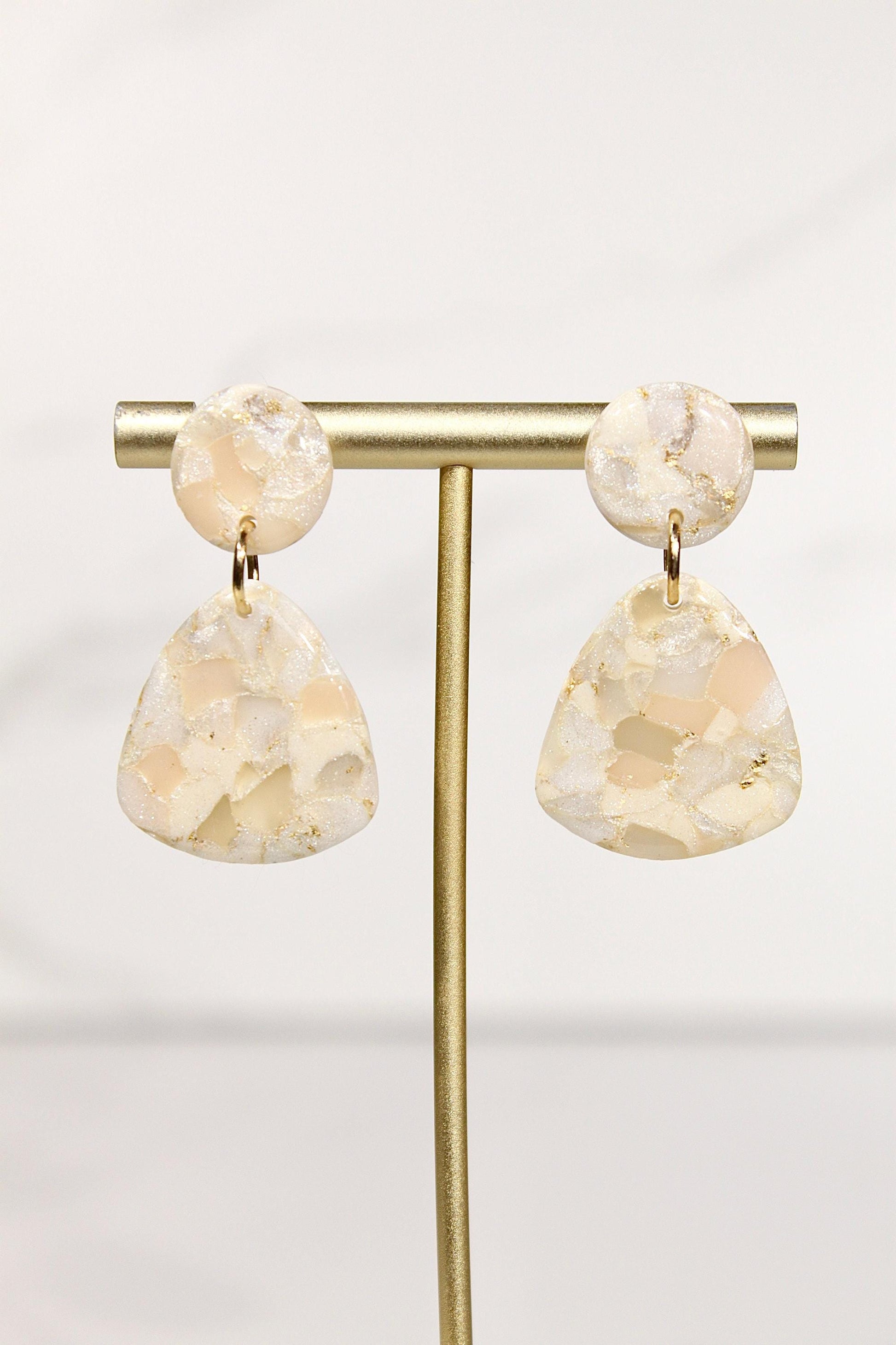 Champagne Pearl Marble Drop Earrings | Handmade Polymer Clay Statement Earrings