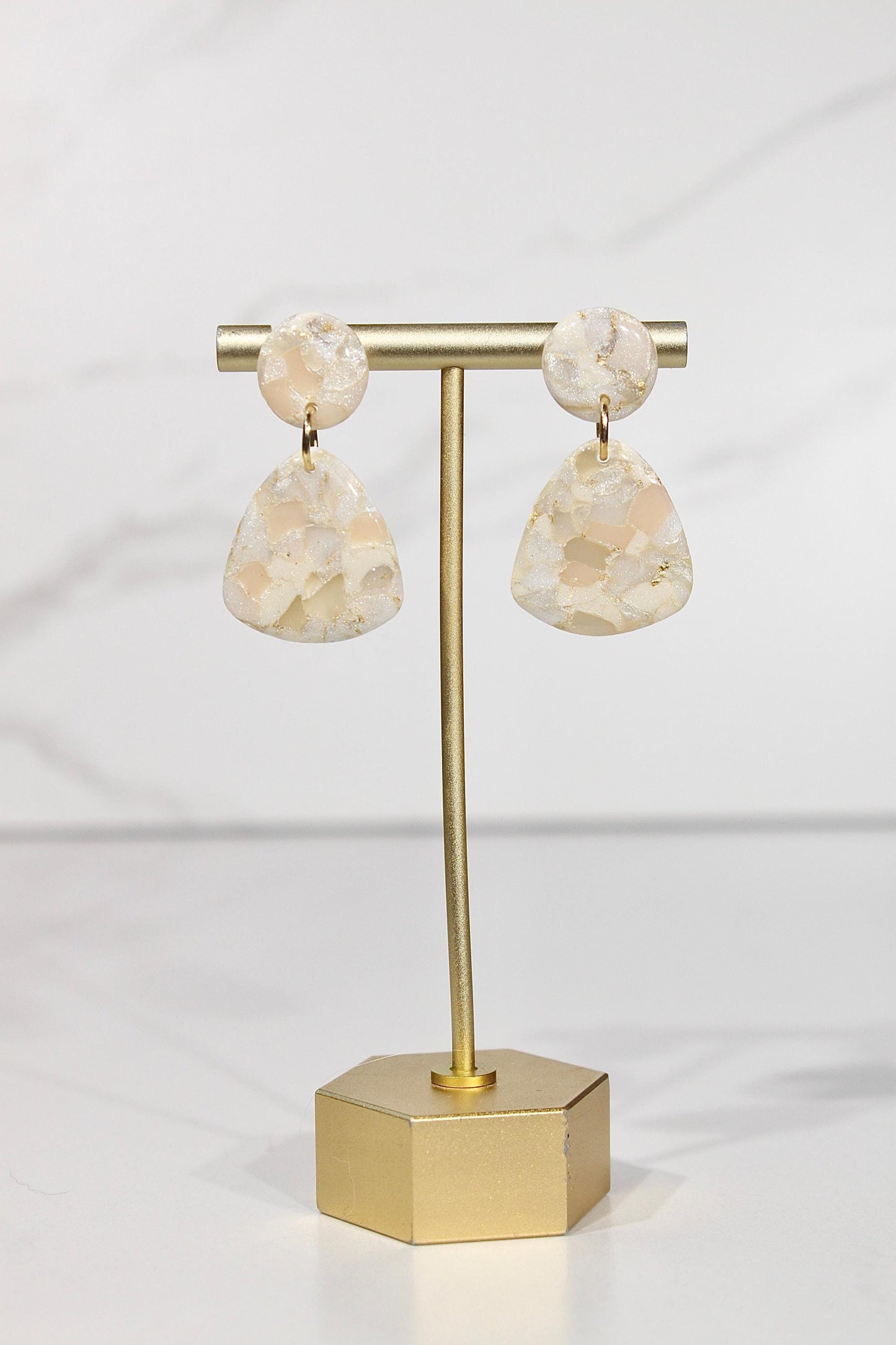 Champagne Pearl Marble Drop Earrings | Handmade Polymer Clay Statement Earrings
