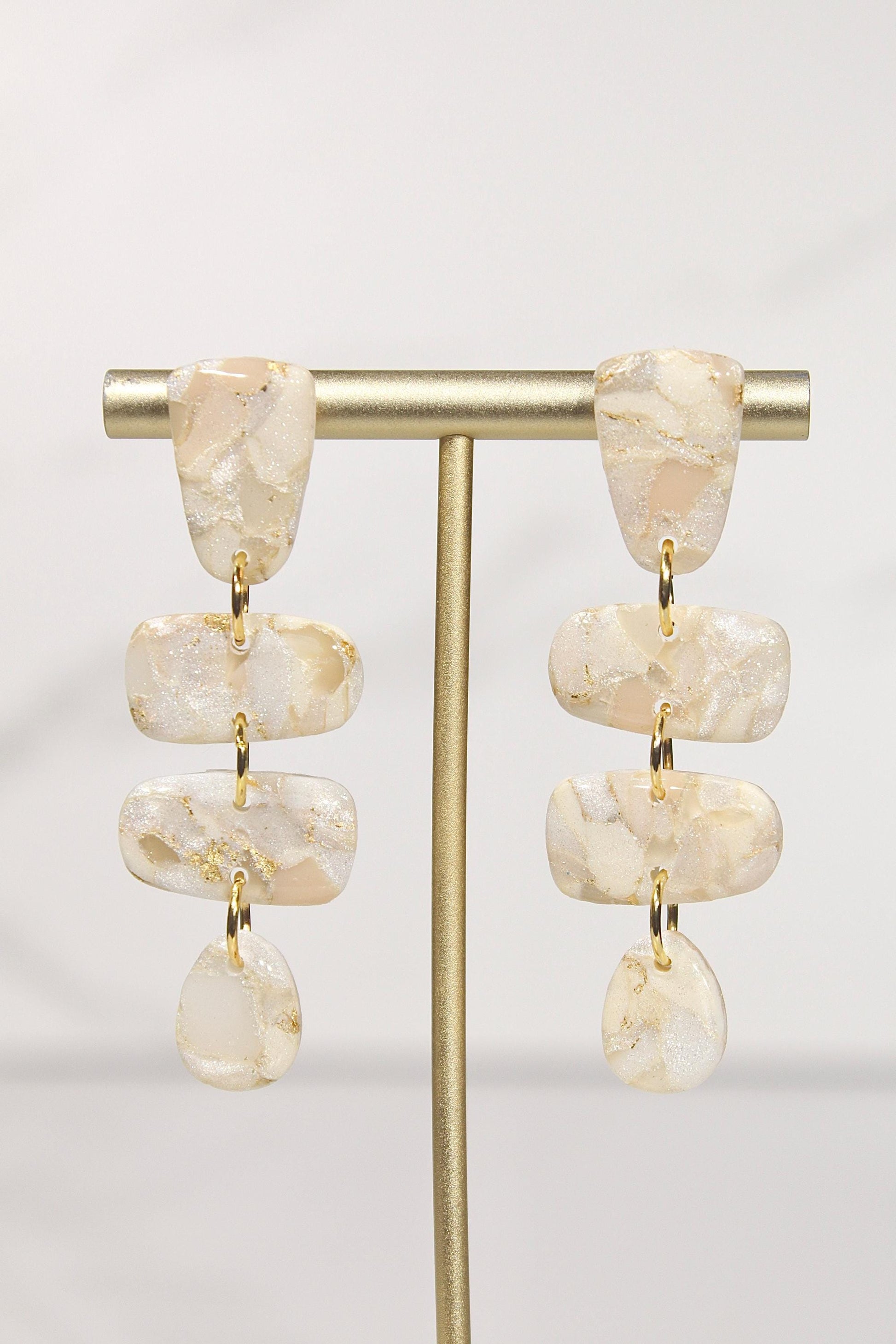 Champagne Pearl Marble Drop Earrings | Handmade Polymer Clay Statement Earrings