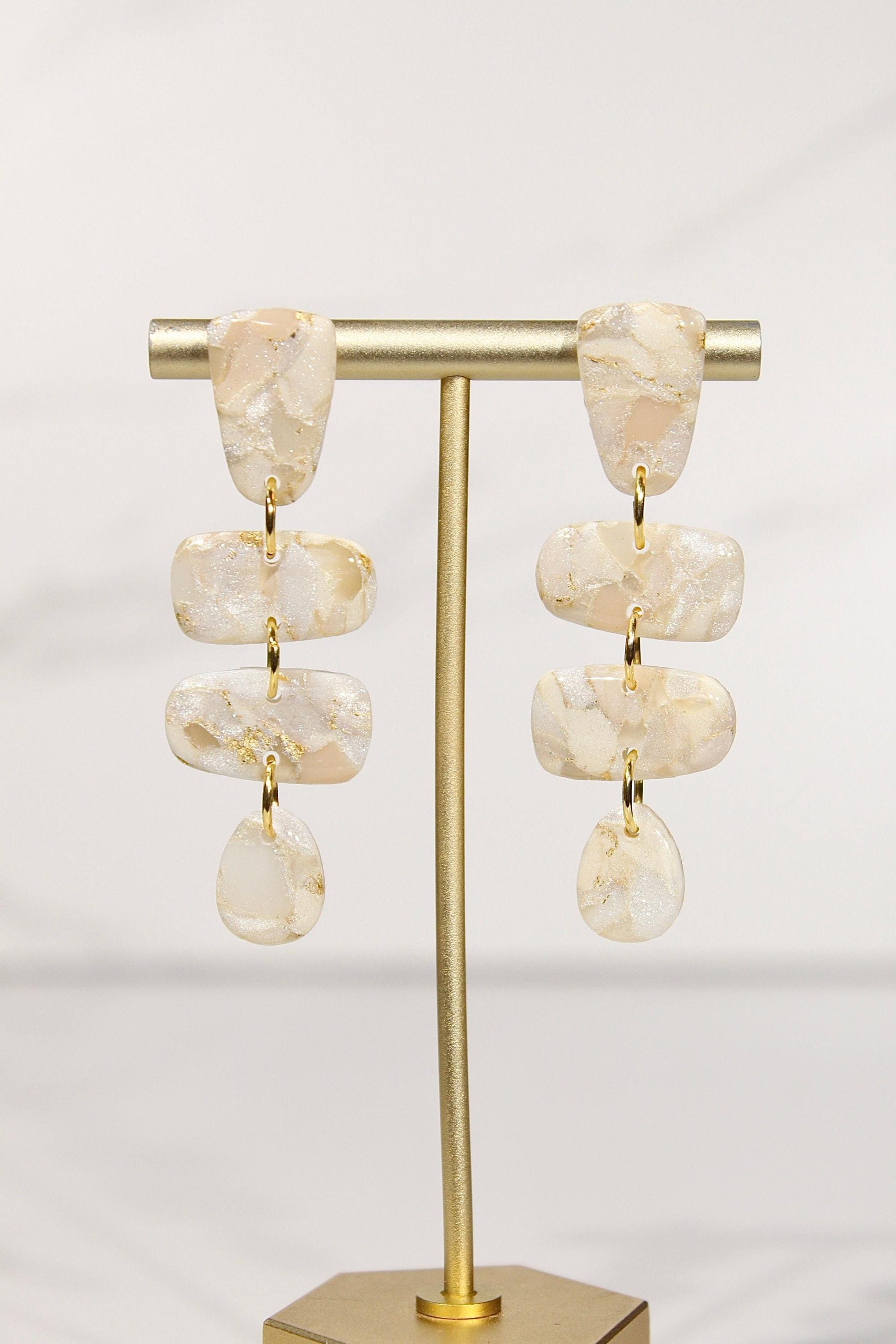 Champagne Pearl Marble Drop Earrings | Handmade Polymer Clay Statement Earrings