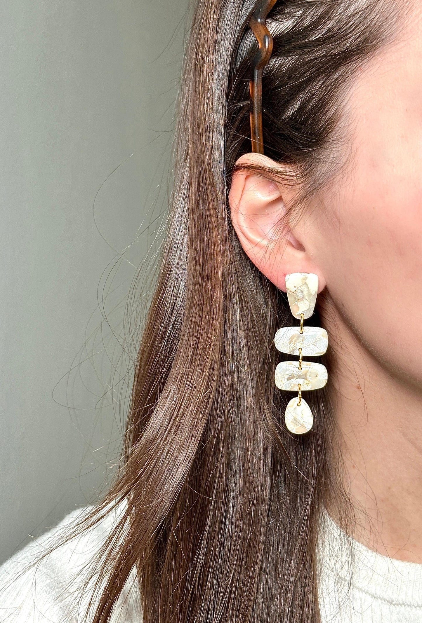 Champagne Pearl Marble Drop Earrings | Handmade Polymer Clay Statement Earrings