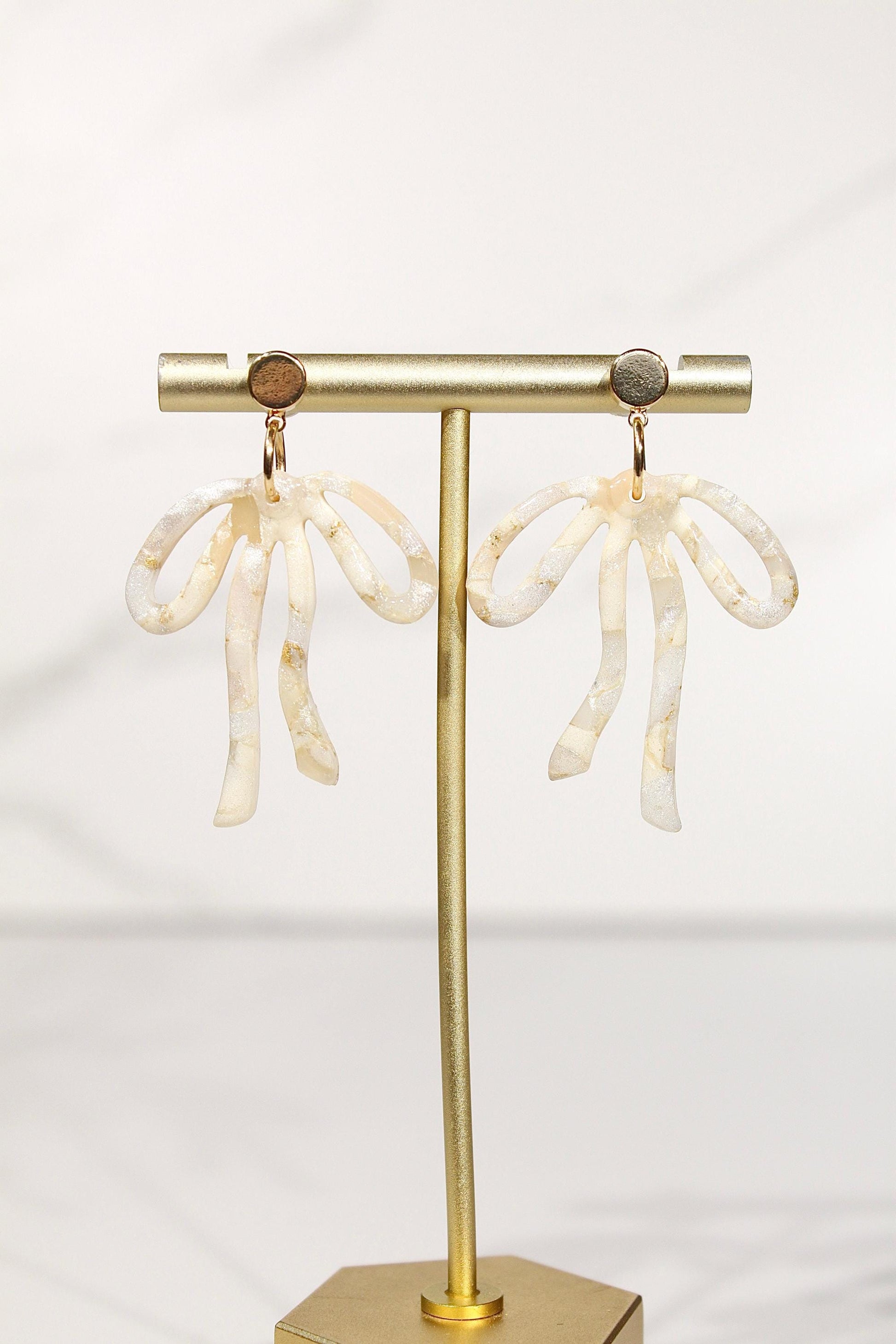 Champagne Pearl Marble Bow Statement Earrings | Handmade Polymer Clay Earrings