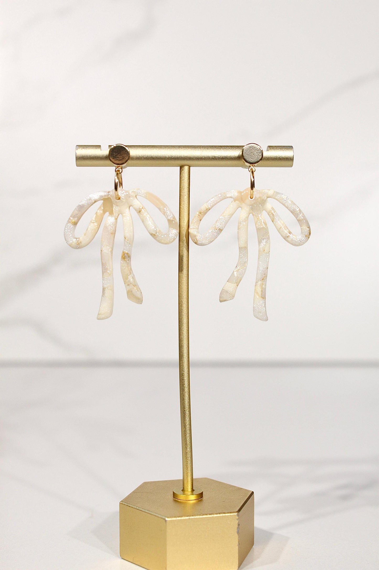 Champagne Pearl Marble Bow Statement Earrings | Handmade Polymer Clay Earrings