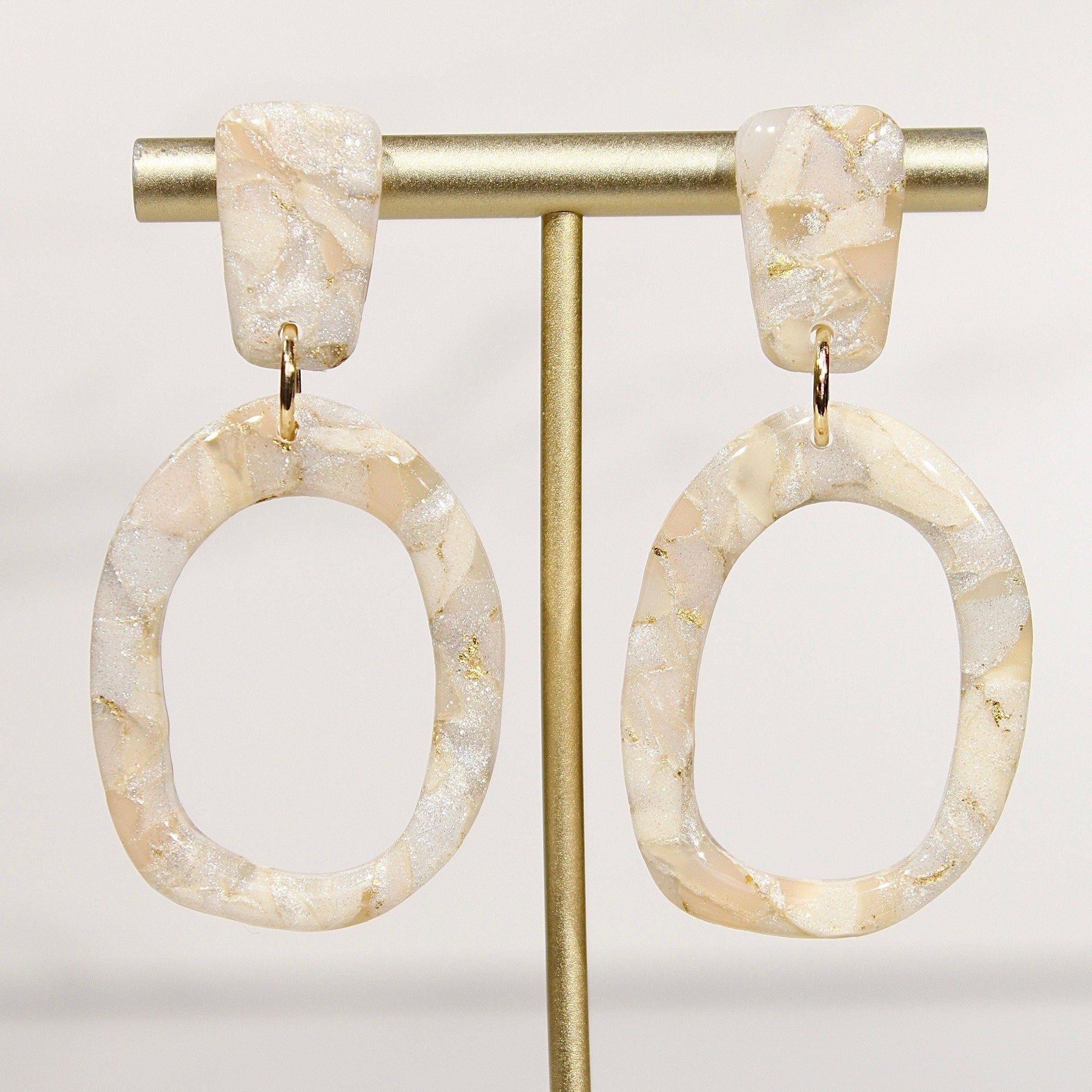 Champagne Pearl Marble Oval Drop Earrings | Handmade Polymer Clay Statement Earrings