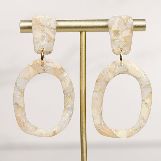Champagne Pearl Marble Oval Drop Earrings | Handmade Polymer Clay Statement Earrings