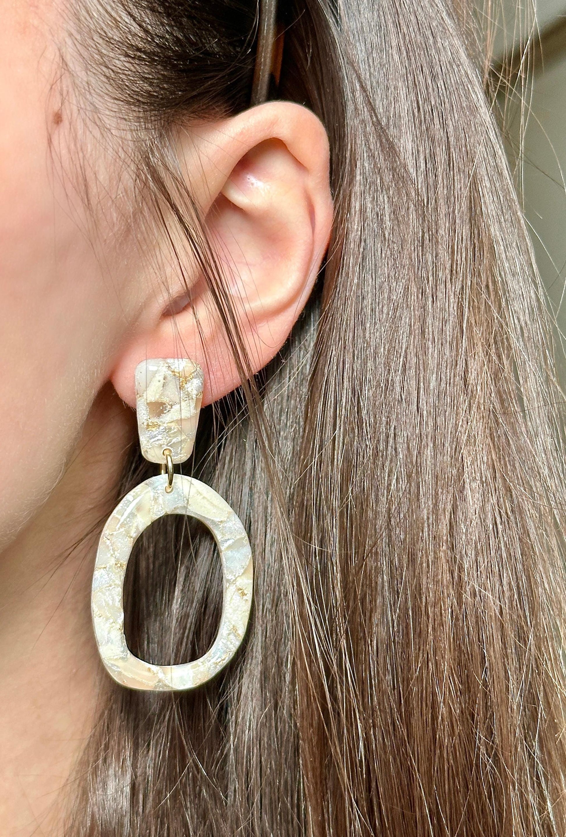 Champagne Pearl Marble Oval Drop Earrings | Handmade Polymer Clay Statement Earrings