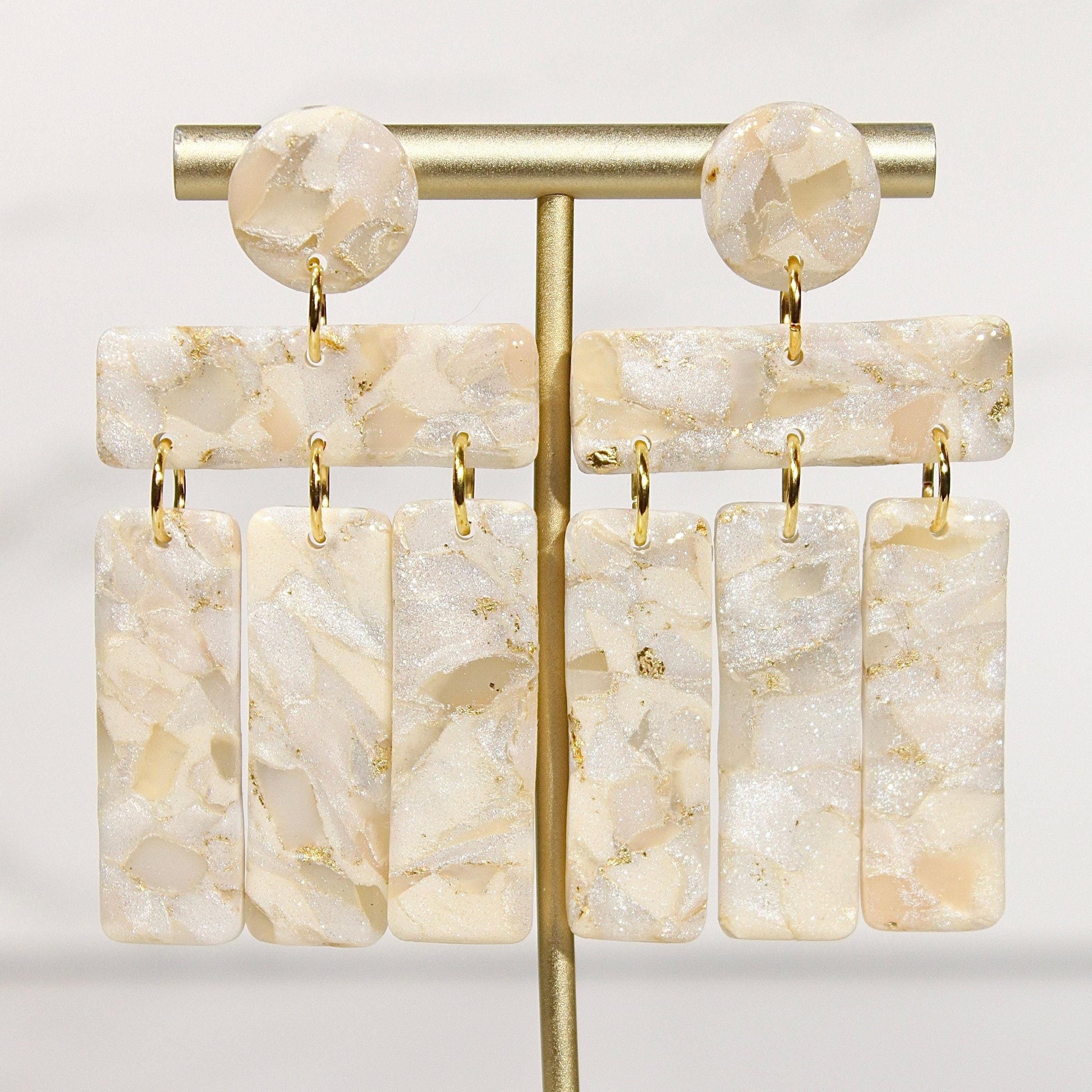 Champagne Pearl Marble Drop Earrings | Handmade Polymer Clay Statement Earrings