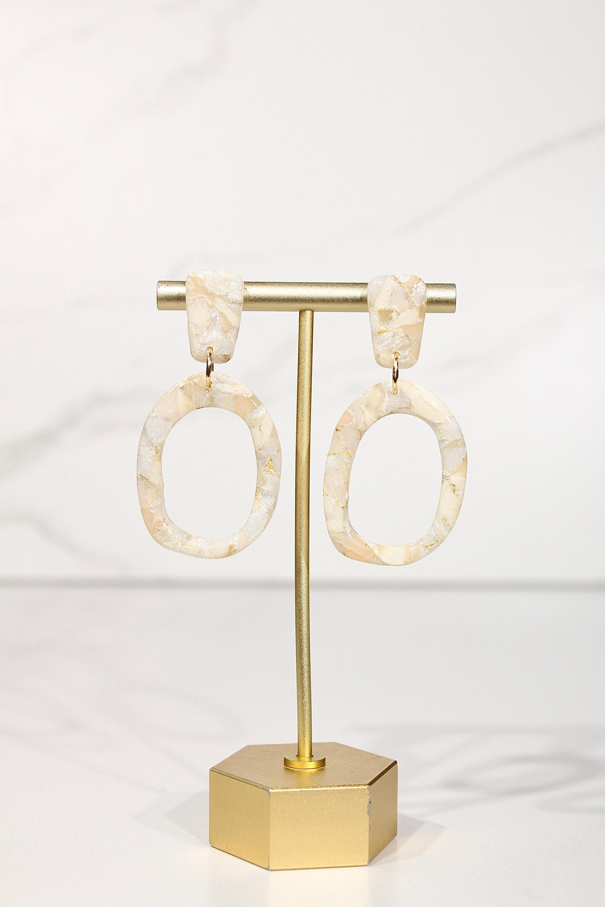 Champagne Pearl Marble Oval Drop Earrings | Handmade Polymer Clay Statement Earrings