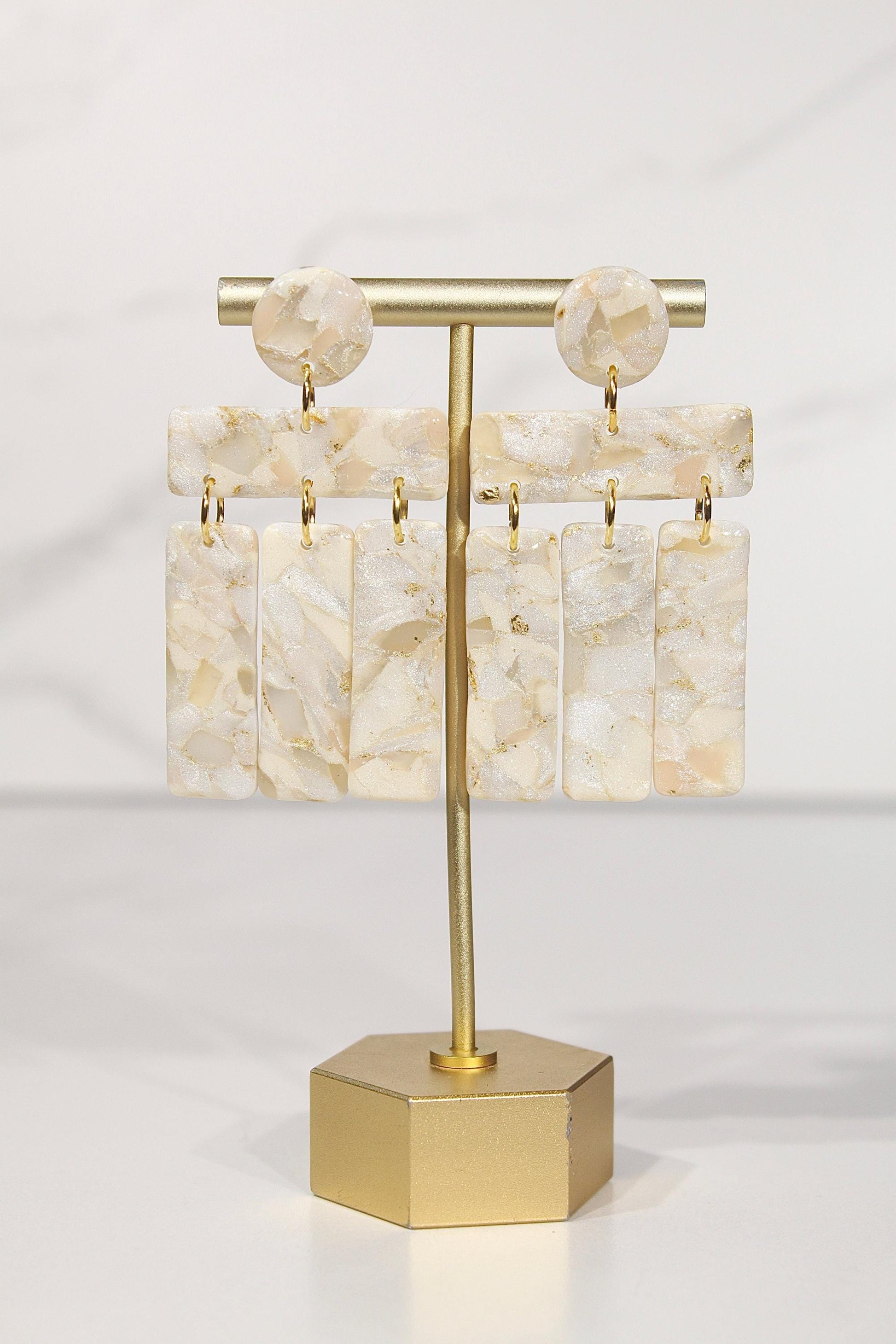 Champagne Pearl Marble Drop Earrings | Handmade Polymer Clay Statement Earrings