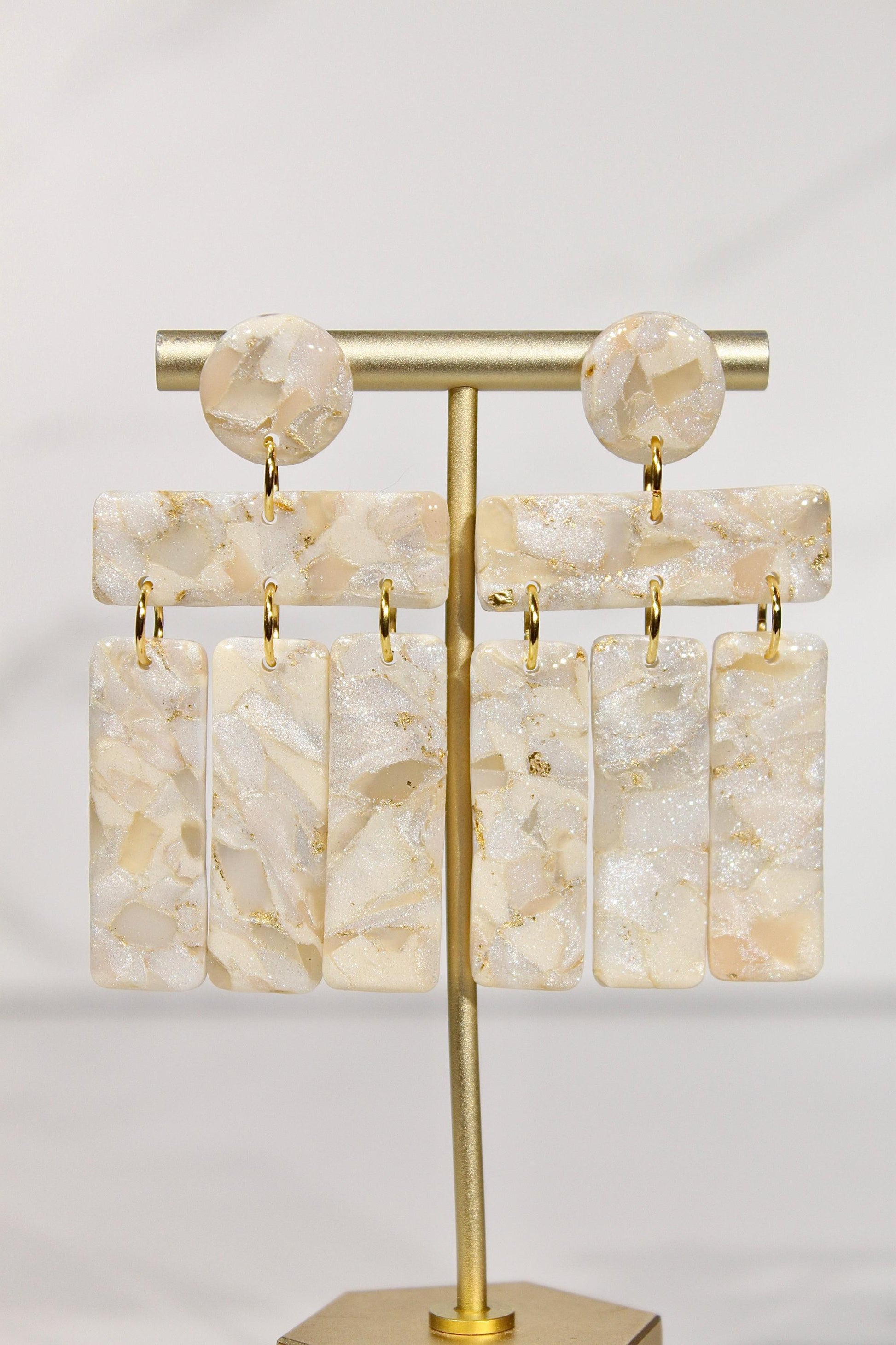 Champagne Pearl Marble Drop Earrings | Handmade Polymer Clay Statement Earrings