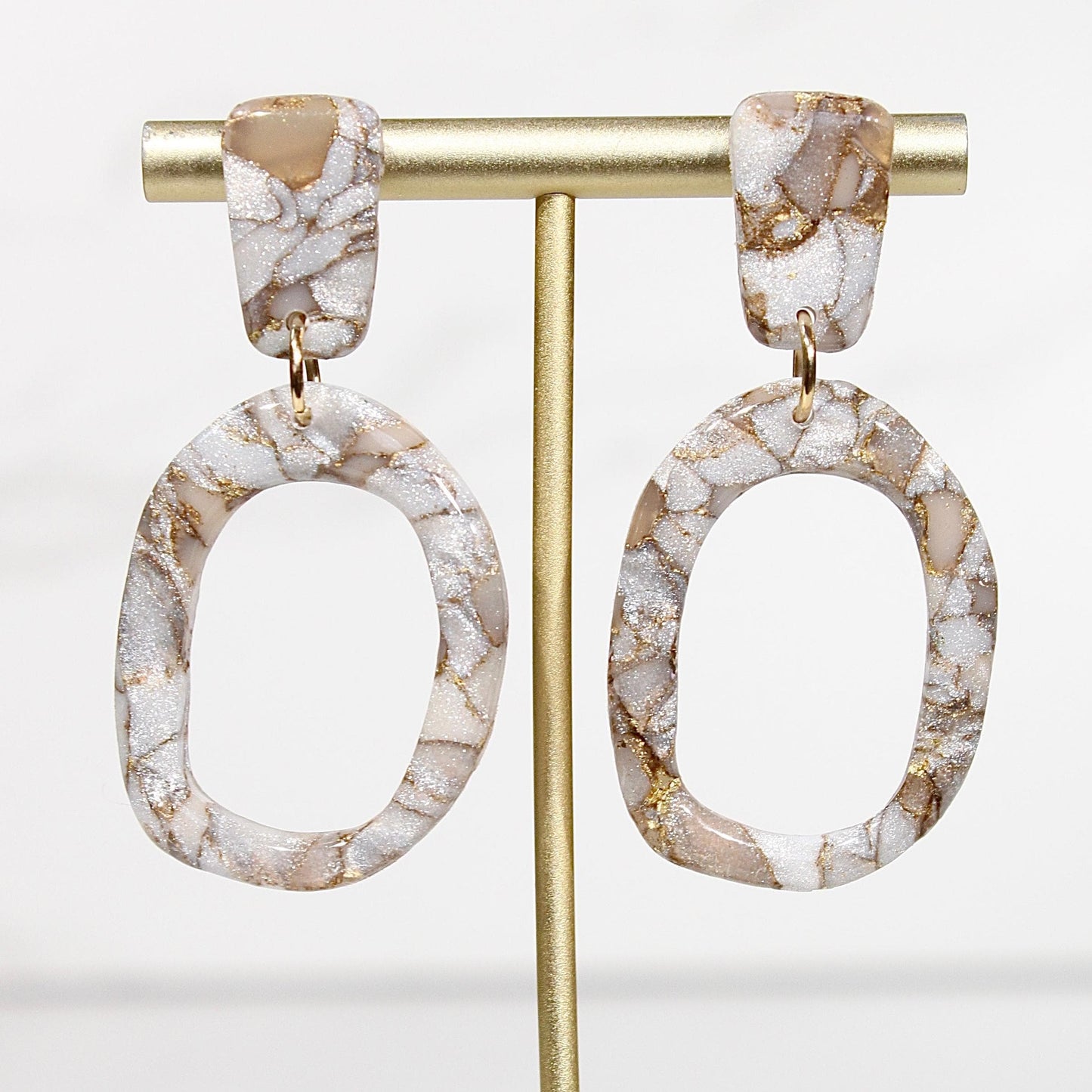 Mocha Pearl Marble Oval Drop Earrings | Handmade Polymer Clay Statement Earrings