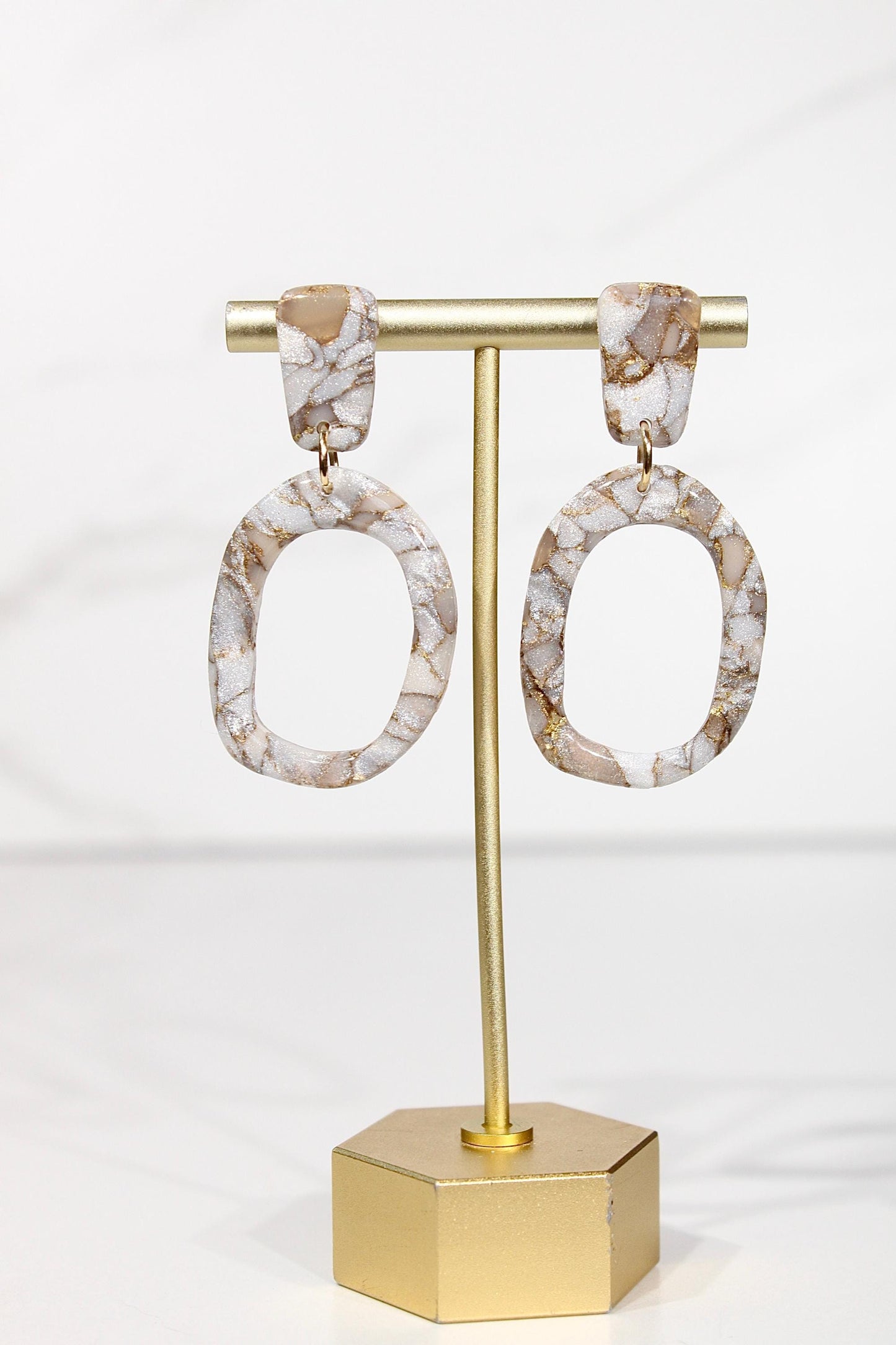 Mocha Pearl Marble Oval Drop Earrings | Handmade Polymer Clay Statement Earrings