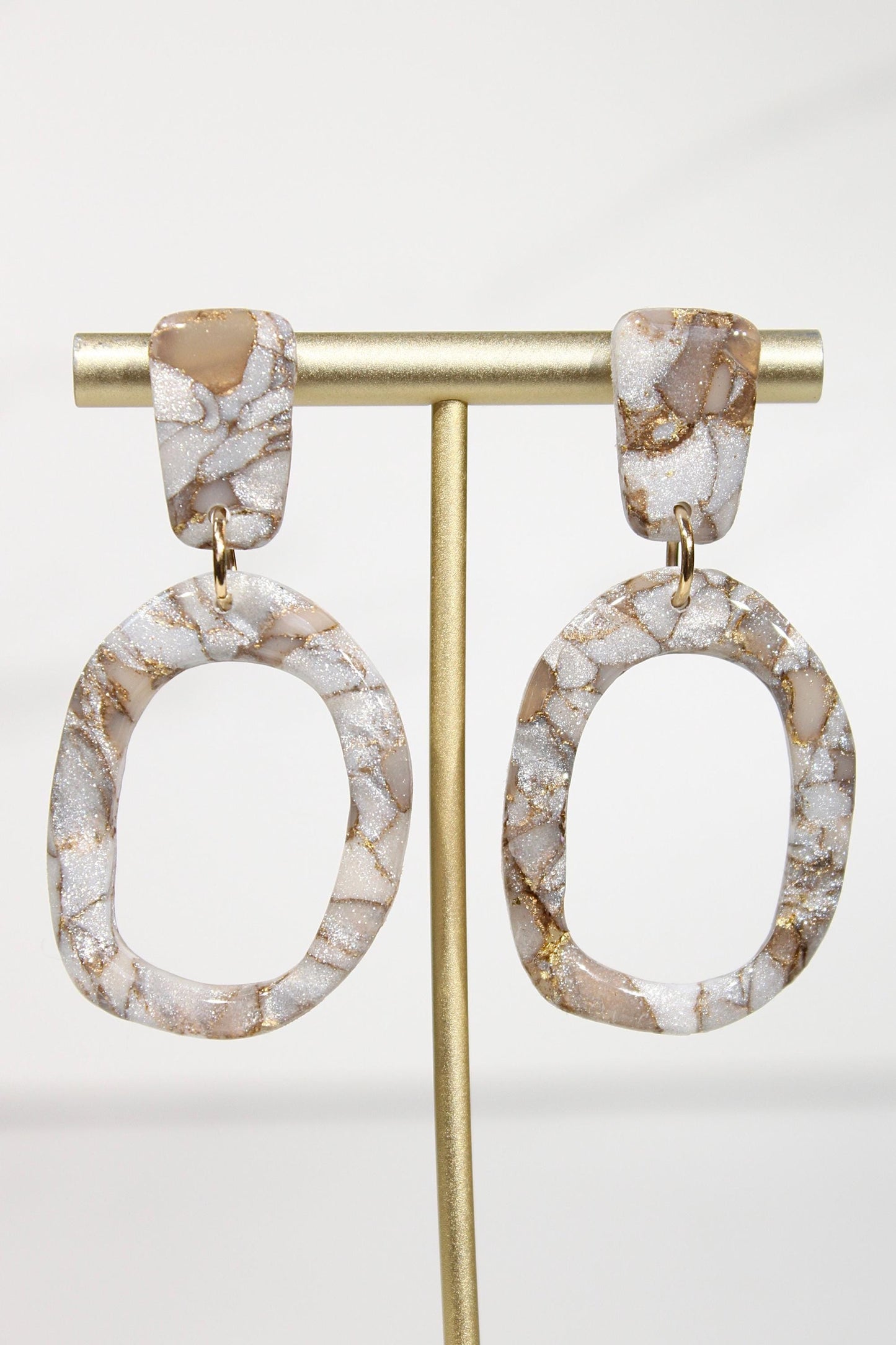 Mocha Pearl Marble Oval Drop Earrings | Handmade Polymer Clay Statement Earrings