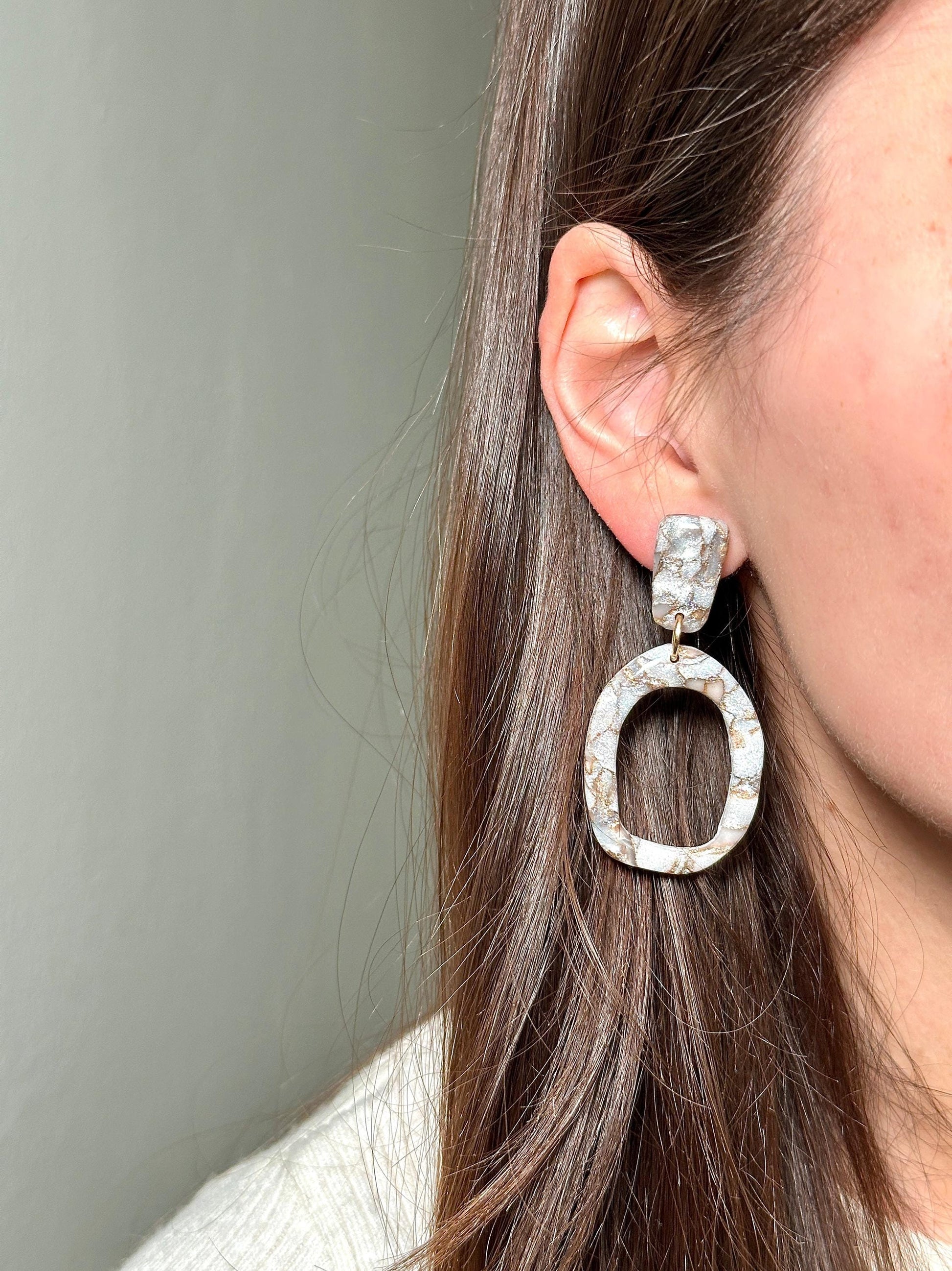 Mocha Pearl Marble Oval Drop Earrings | Handmade Polymer Clay Statement Earrings