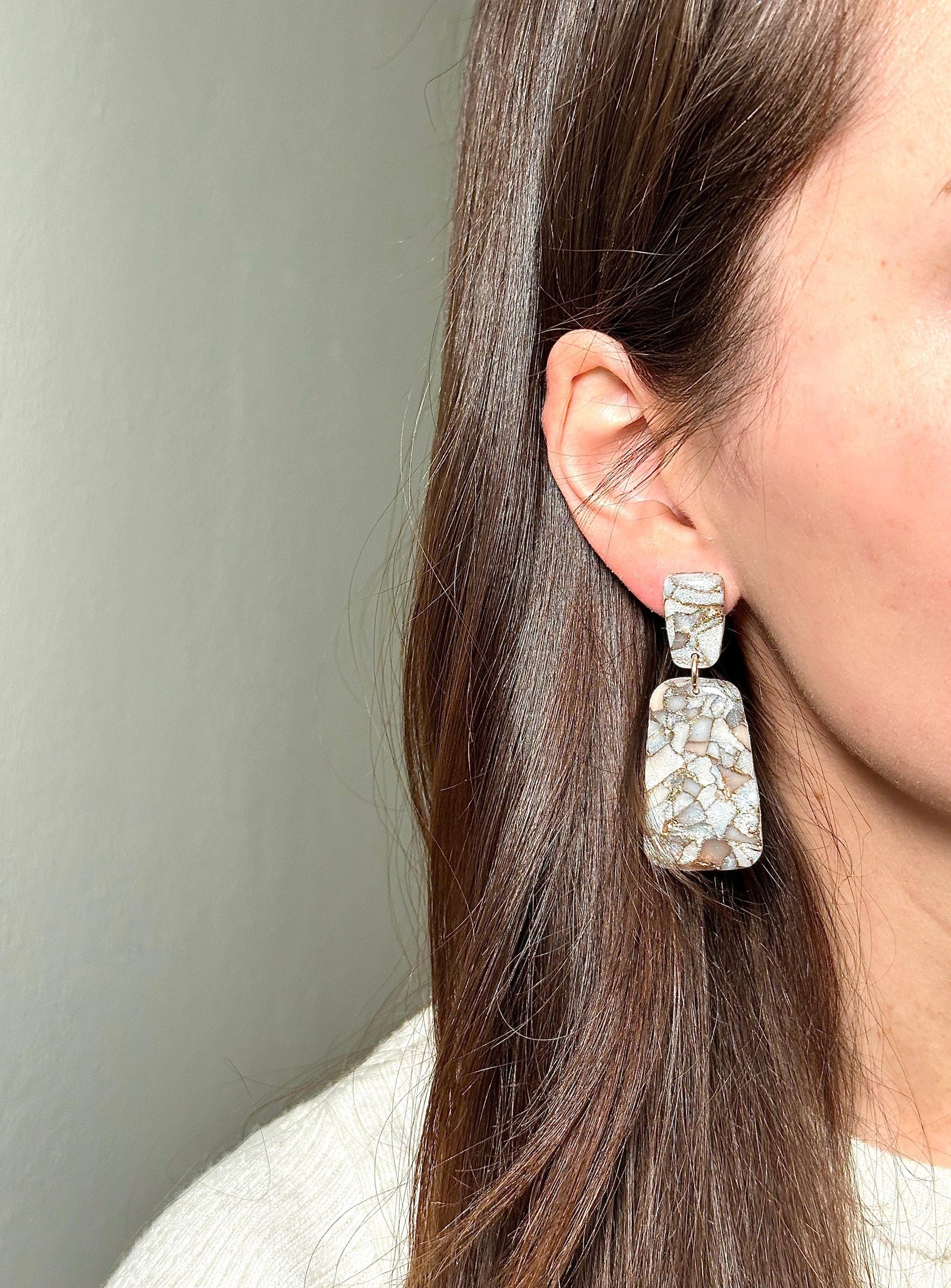 Mocha Pearl Marble Drop Earrings | Handmade Polymer Clay Statement Earrings