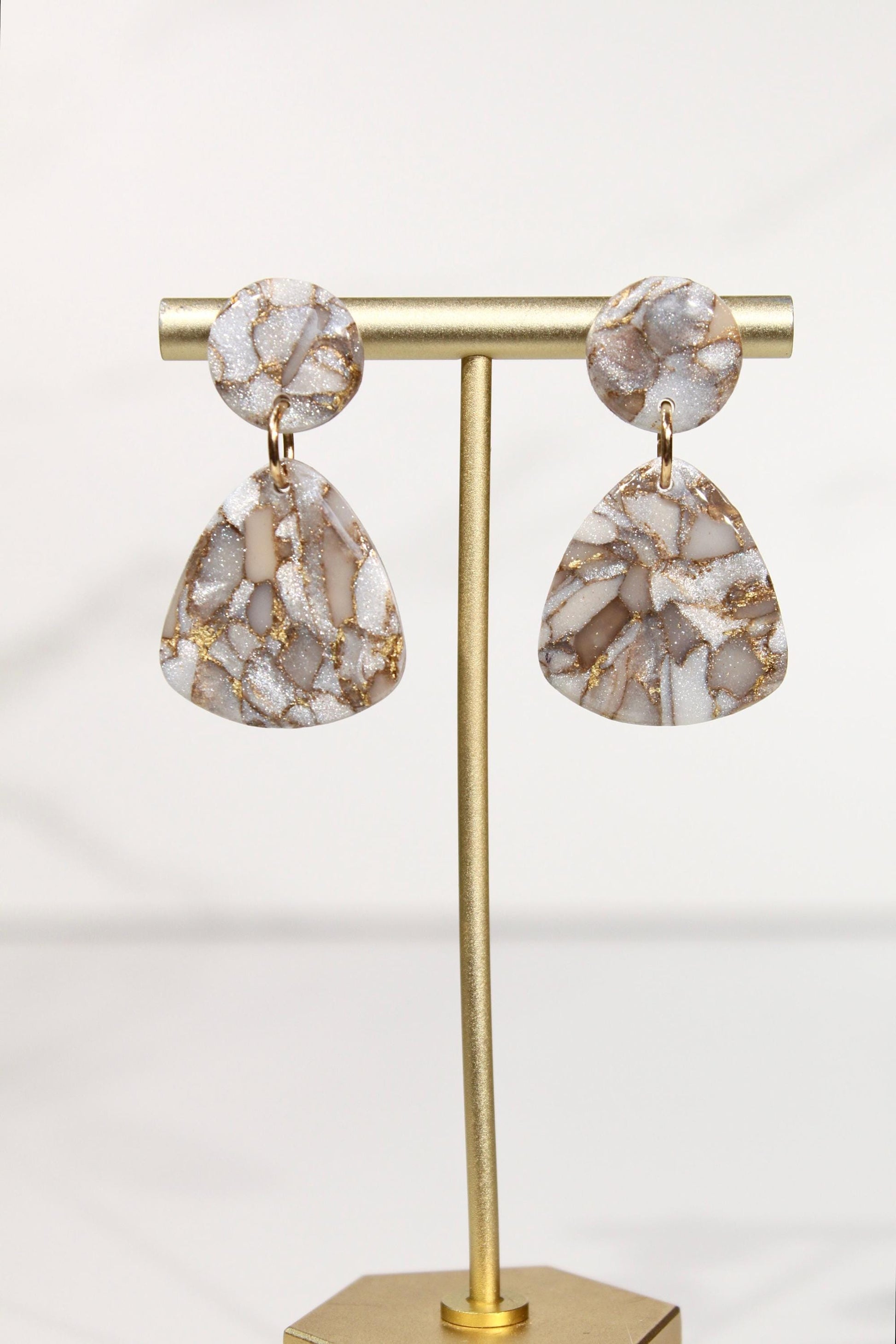 Mocha Pearl Marble Drop Earrings | Handmade Polymer Clay Statement Earrings