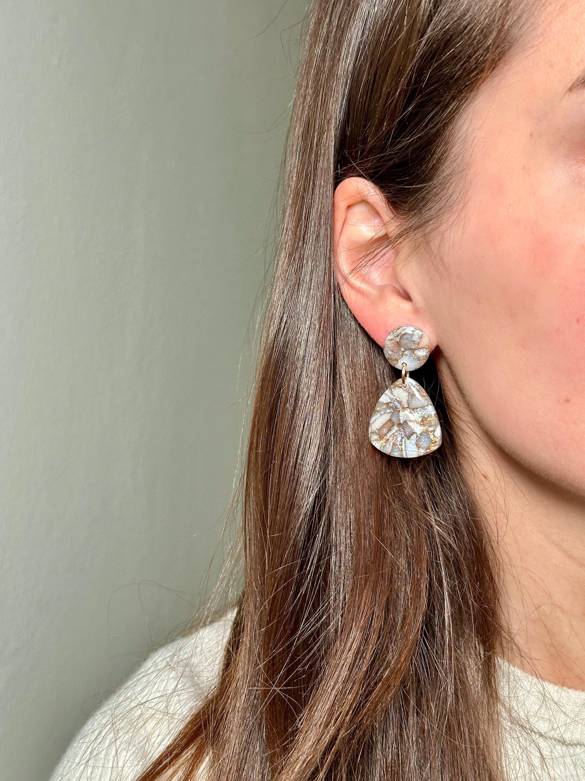 Mocha Pearl Marble Drop Earrings | Handmade Polymer Clay Statement Earrings