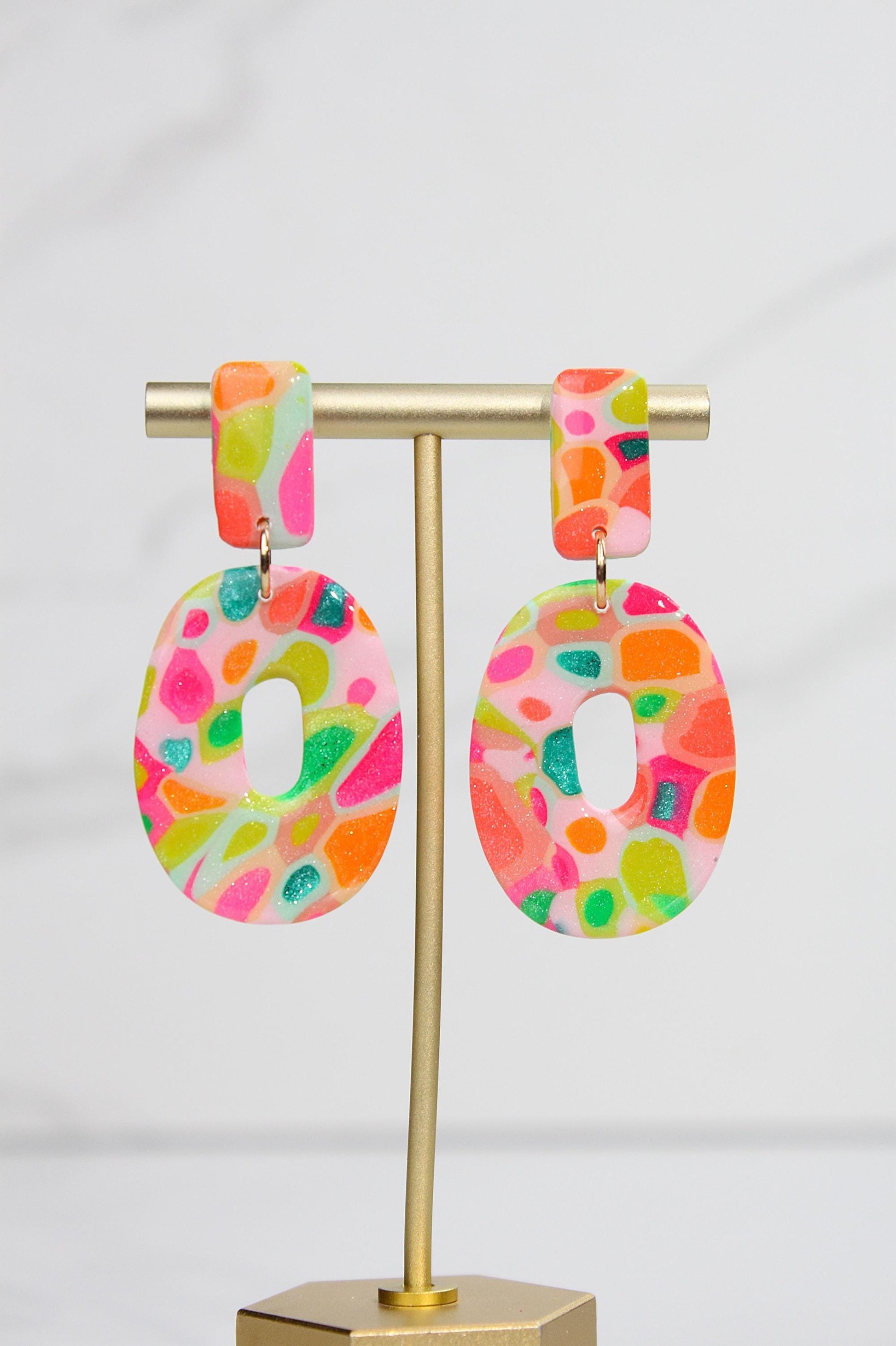Colorful Terrazzo Statement Earrings, Handmade Polymer Clay Dangles, Lightweight Bold Jewelry