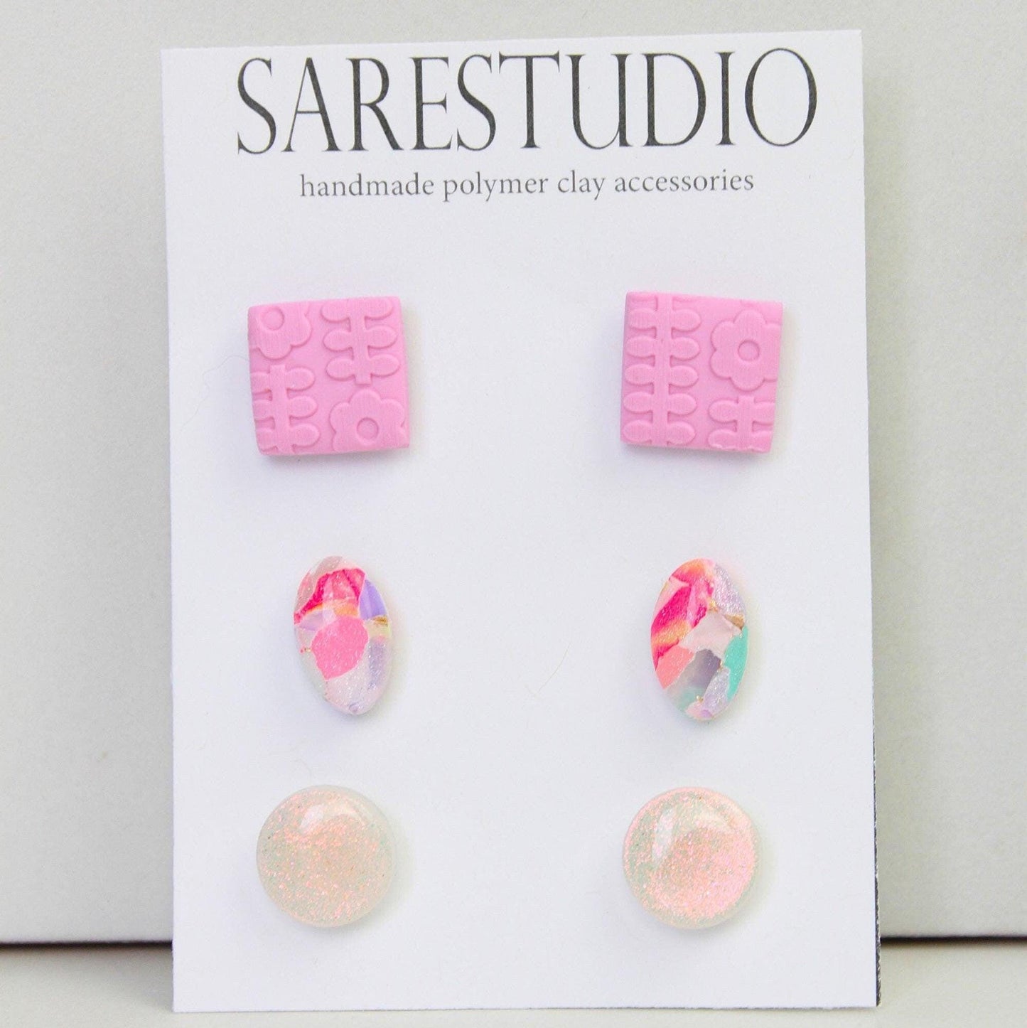 Stud Polymer Clay Earring Set of 3 - Clay Stud Pack - Gift for her - Christmas Gift - Neutral Earring Set - Marble Stud Earrings