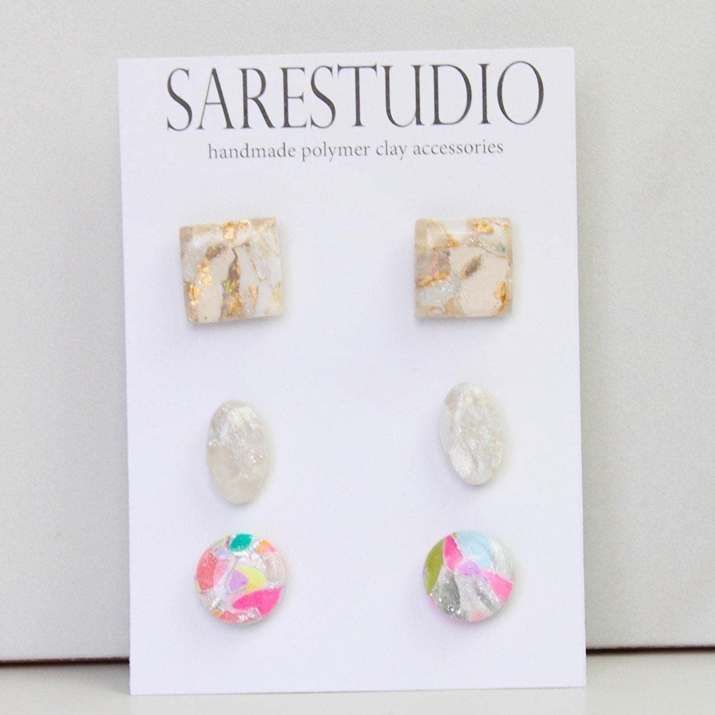 Stud Polymer Clay Earring Set of 3 - Clay Stud Pack - Gift for her - Christmas Gift - Neutral Earring Set - Marble Stud Earrings
