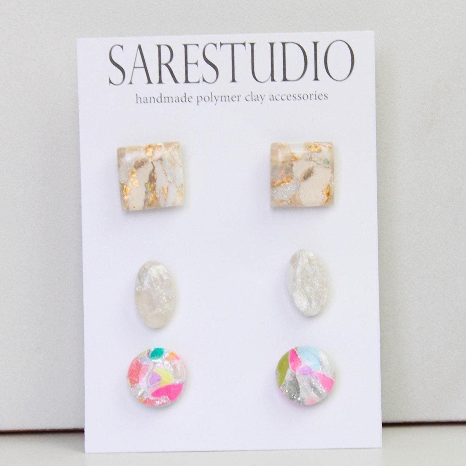 Stud Polymer Clay Earring Set of 3 - Clay Stud Pack - Gift for her - Christmas Gift - Neutral Earring Set - Marble Stud Earrings