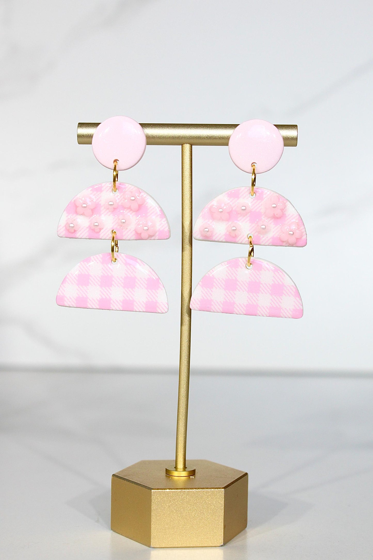Gingham Clay Earrings in Pastel Pink | Handmade Statement Earrings | Lightweight Polymer Clay Jewelry | Summer Picnic Style
