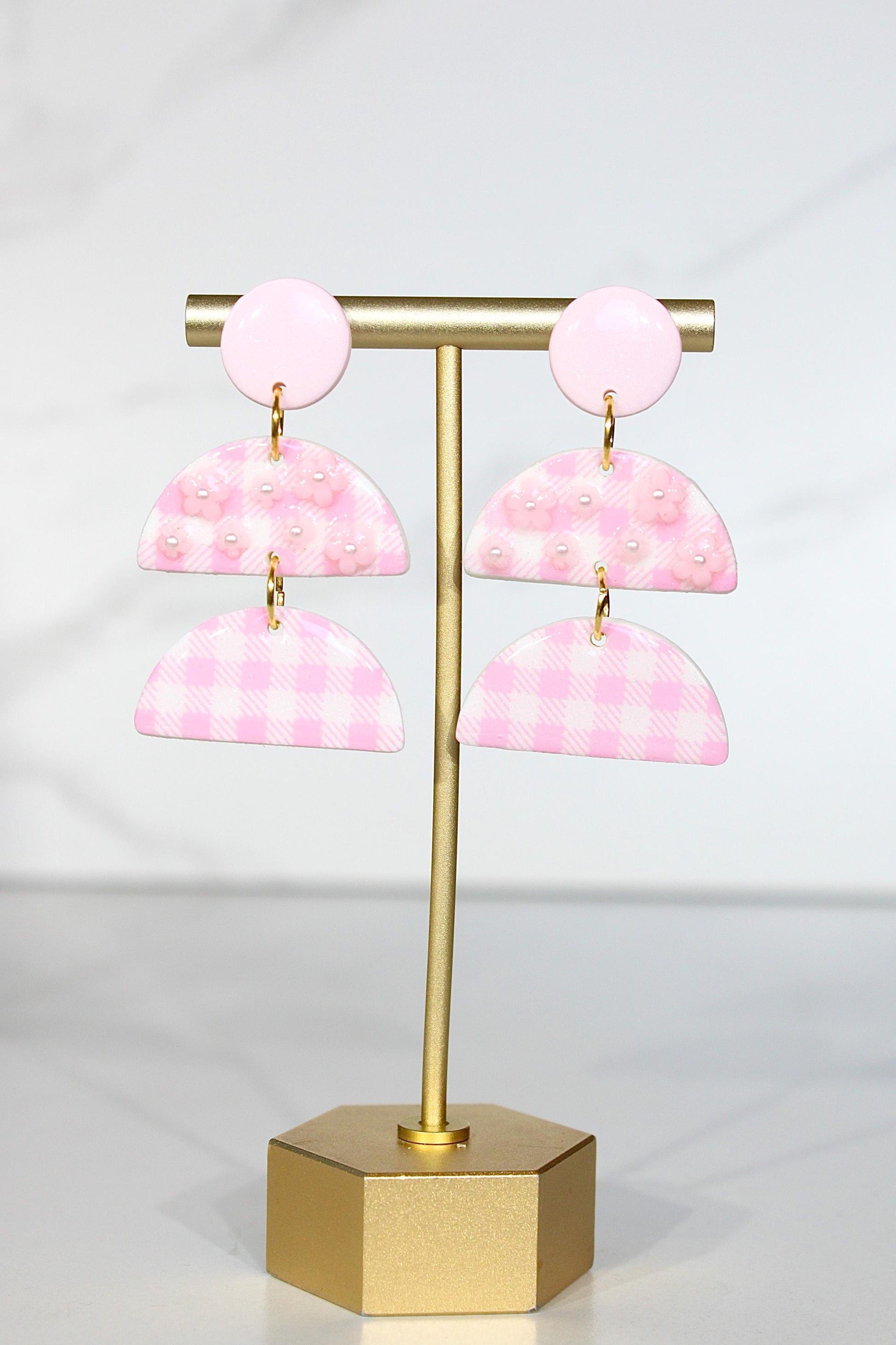 Gingham Clay Earrings in Pastel Pink | Handmade Statement Earrings | Lightweight Polymer Clay Jewelry | Summer Picnic Style