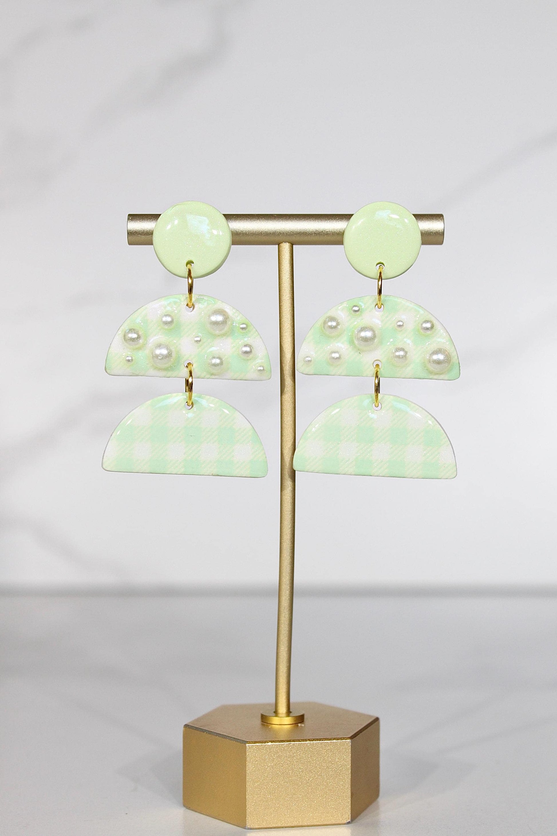 Gingham Clay Earrings in Pastel Green | Handmade Statement Earrings | Lightweight Polymer Clay Jewelry | Summer Picnic Style