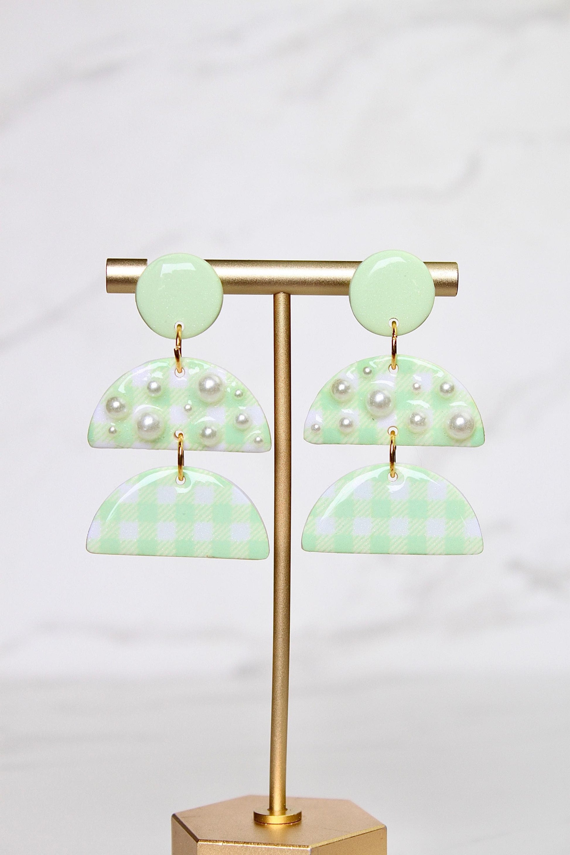 Gingham Clay Earrings in Pastel Green | Handmade Statement Earrings | Lightweight Polymer Clay Jewelry | Summer Picnic Style