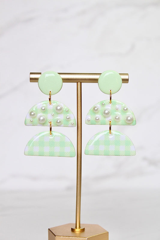 Gingham Clay Earrings in Pastel Green | Handmade Statement Earrings | Lightweight Polymer Clay Jewelry | Summer Picnic Style